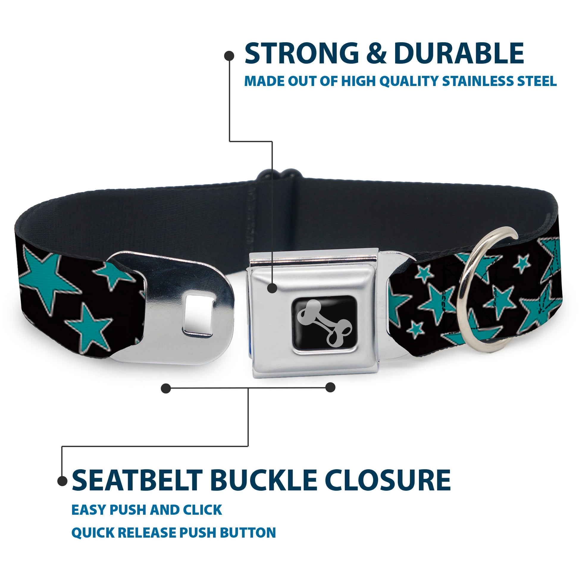 Dog Bone Seatbelt Buckle Collar - Multi Stars Black/Turquoise Seatbelt Buckle Collars Buckle-Down