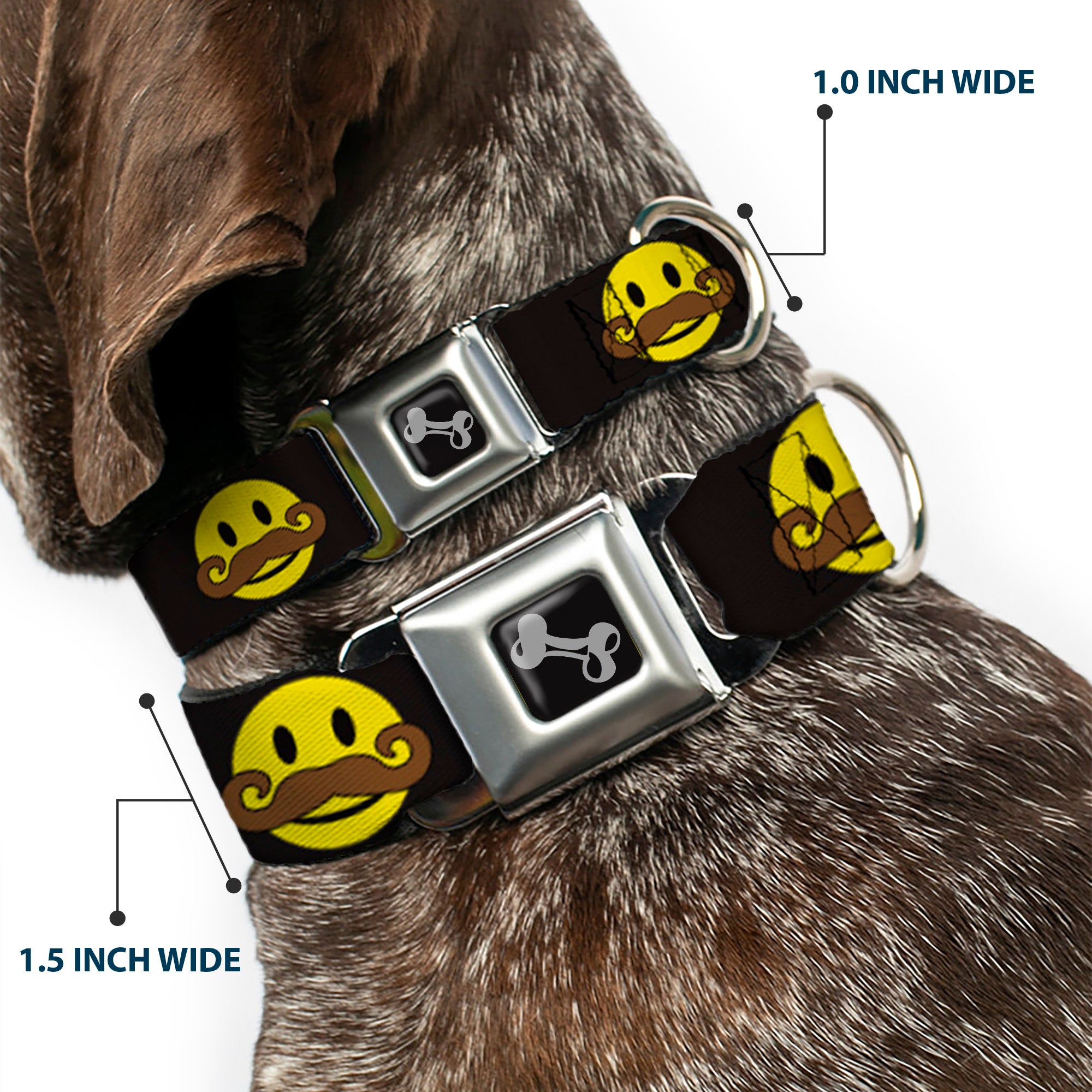 Dog Bone Seatbelt Buckle Collar - Mustache Happy Face Black/Yellow/Brown Seatbelt Buckle Collars Buckle-Down