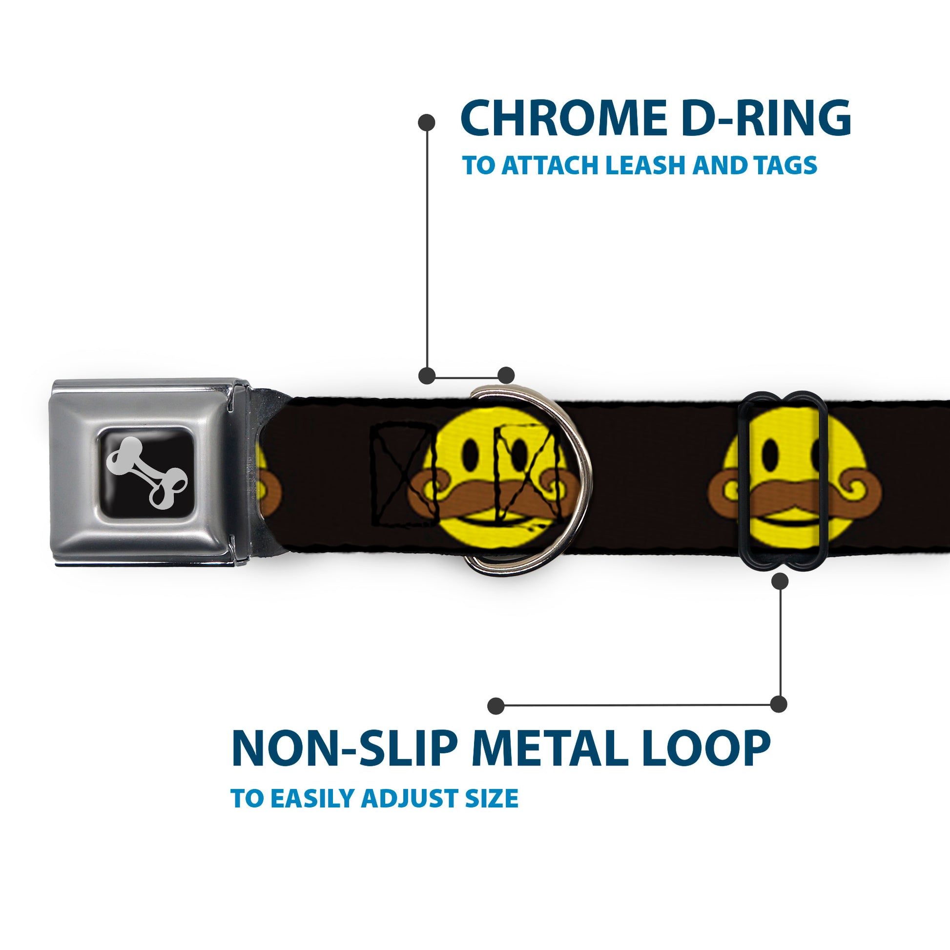 Dog Bone Seatbelt Buckle Collar - Mustache Happy Face Black/Yellow/Brown Seatbelt Buckle Collars Buckle-Down