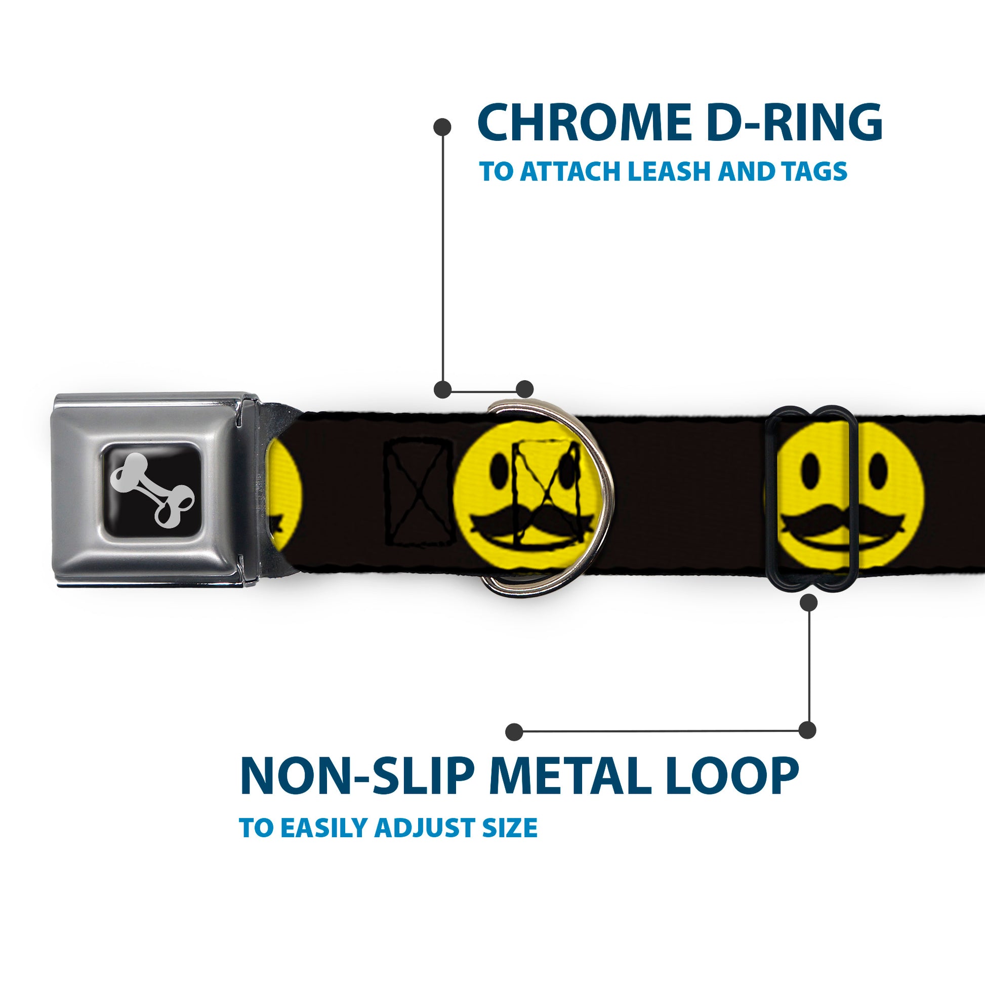 Dog Bone Seatbelt Buckle Collar - Mustache Happy Face2 Black/Yellow/Black Seatbelt Buckle Collars Buckle-Down