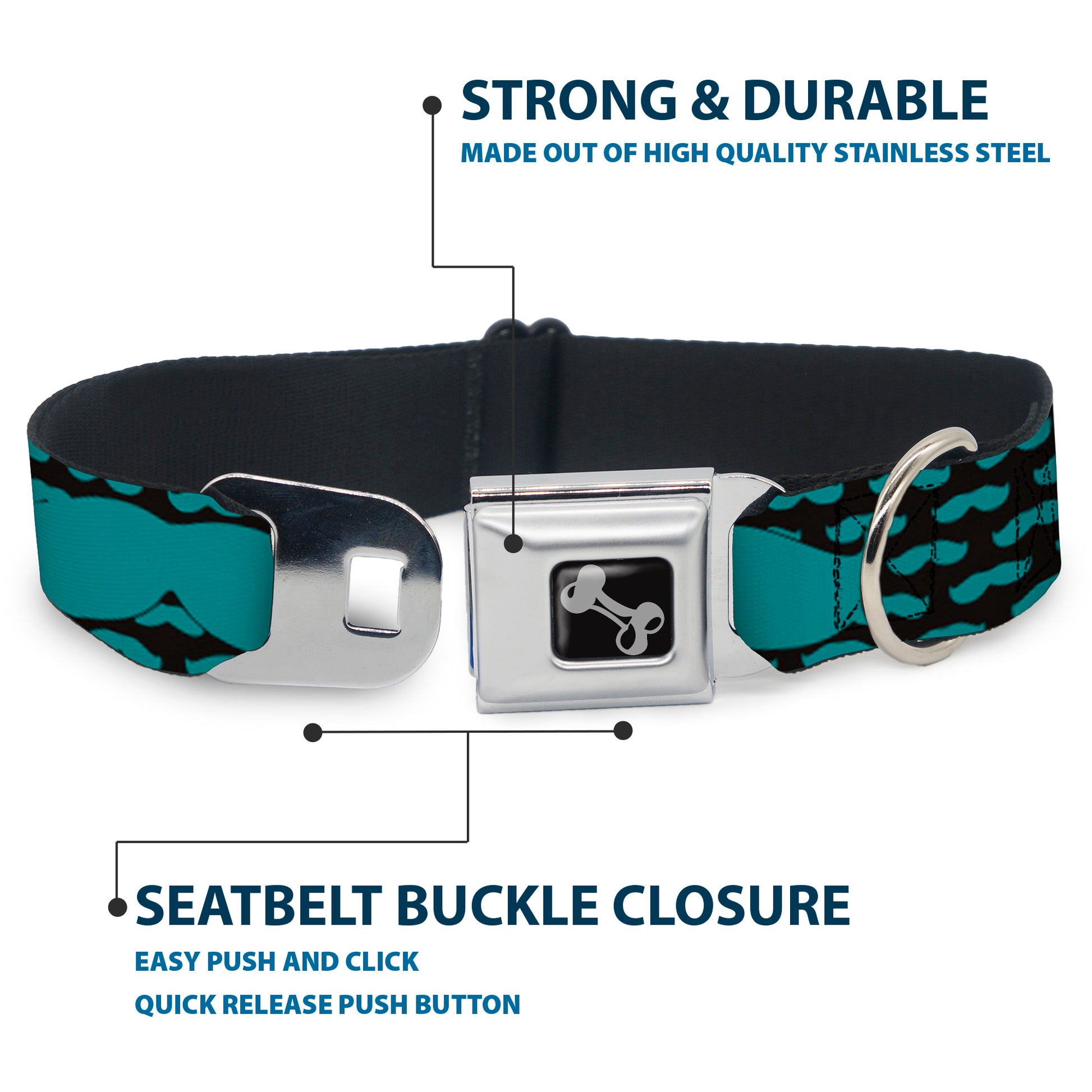 Dog Bone Seatbelt Buckle Collar - Mustaches Mini/Single Repeat Black/Turquoise Seatbelt Buckle Collars Buckle-Down