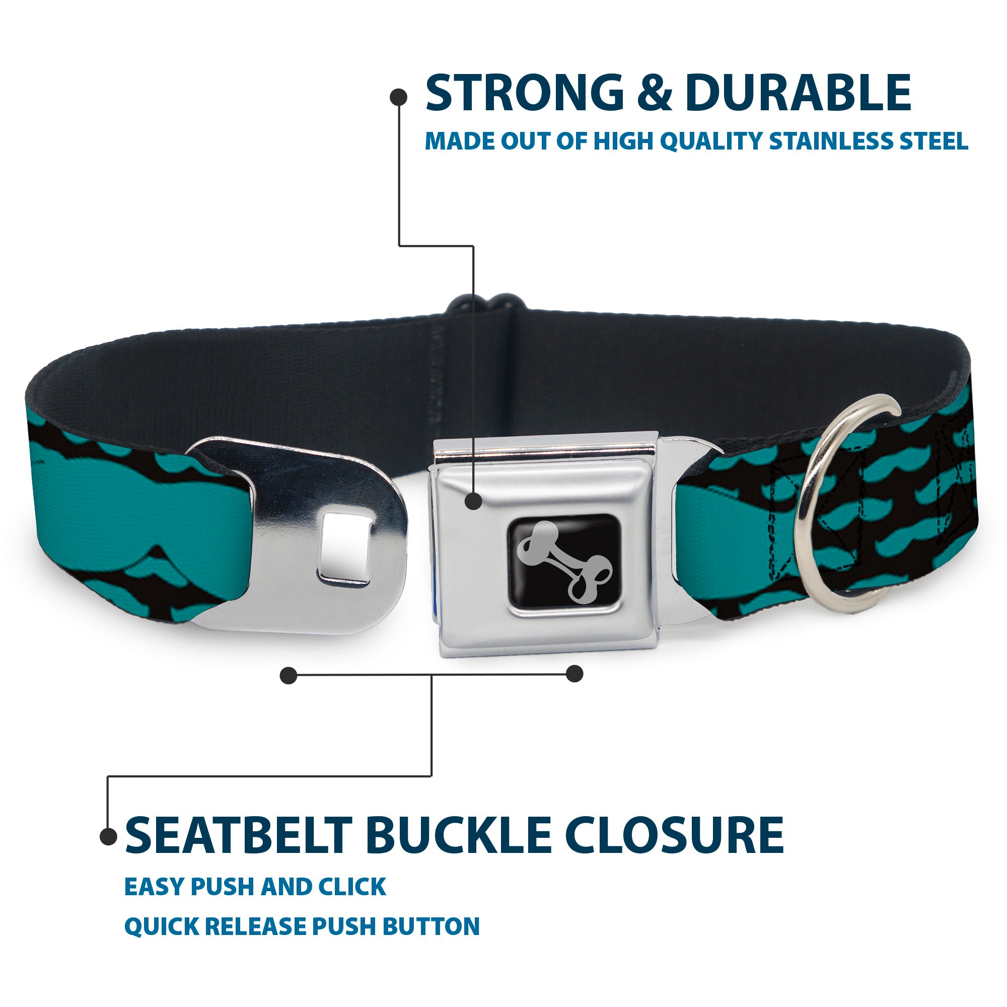 Dog Bone Seatbelt Buckle Collar - Mustaches Mini/Single Repeat Black/Turquoise Seatbelt Buckle Collars Buckle-Down