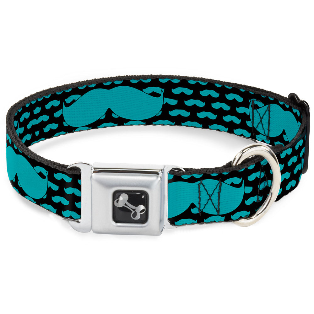 Dog Bone Seatbelt Buckle Collar - Mustaches Mini/Single Repeat Black/Turquoise Seatbelt Buckle Collars Buckle-Down