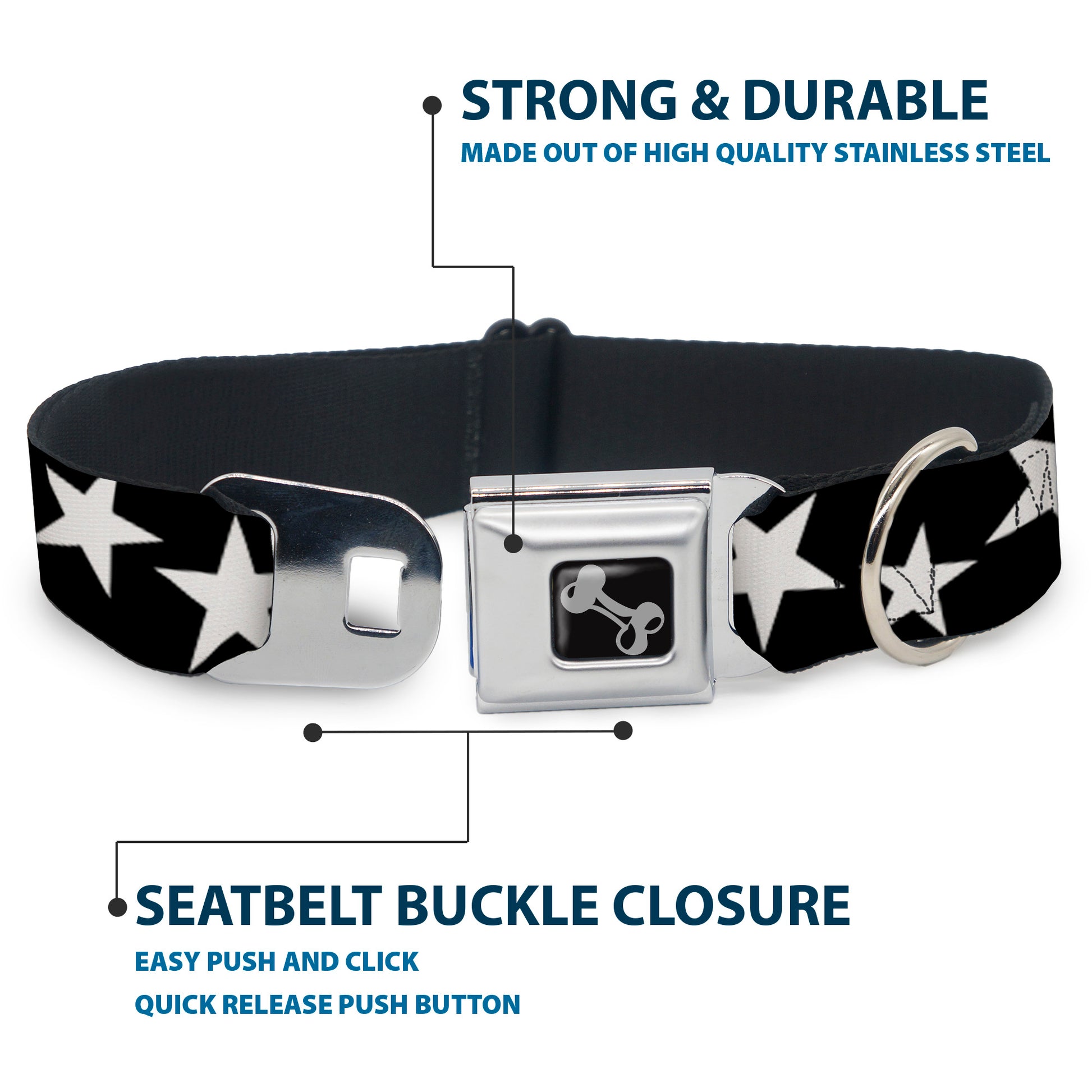 Dog Bone Seatbelt Buckle Collar - Multi Stars Black/White/Black/White Outline Seatbelt Buckle Collars Buckle-Down