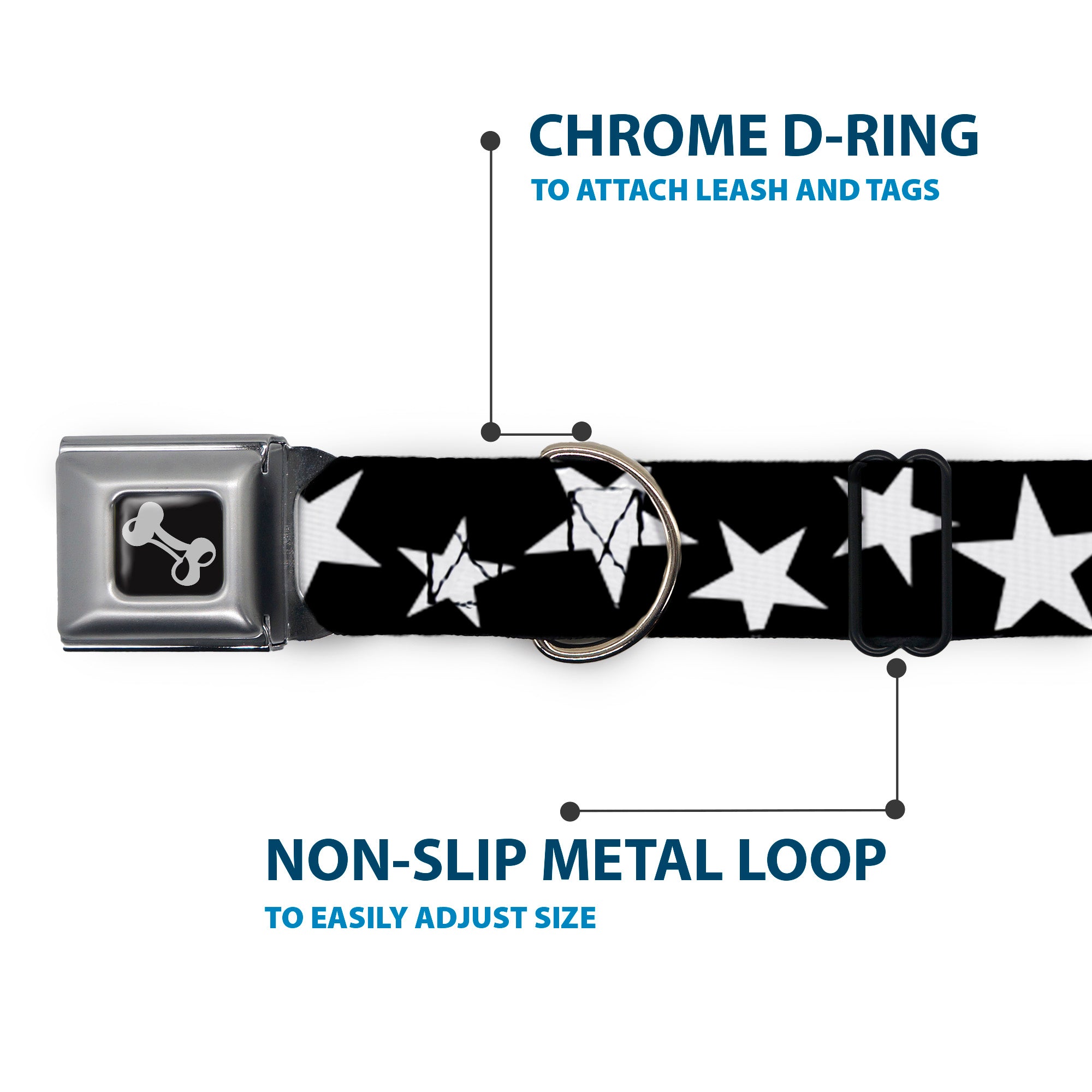 Dog Bone Seatbelt Buckle Collar - Multi Stars Black/White/Black/White Outline Seatbelt Buckle Collars Buckle-Down