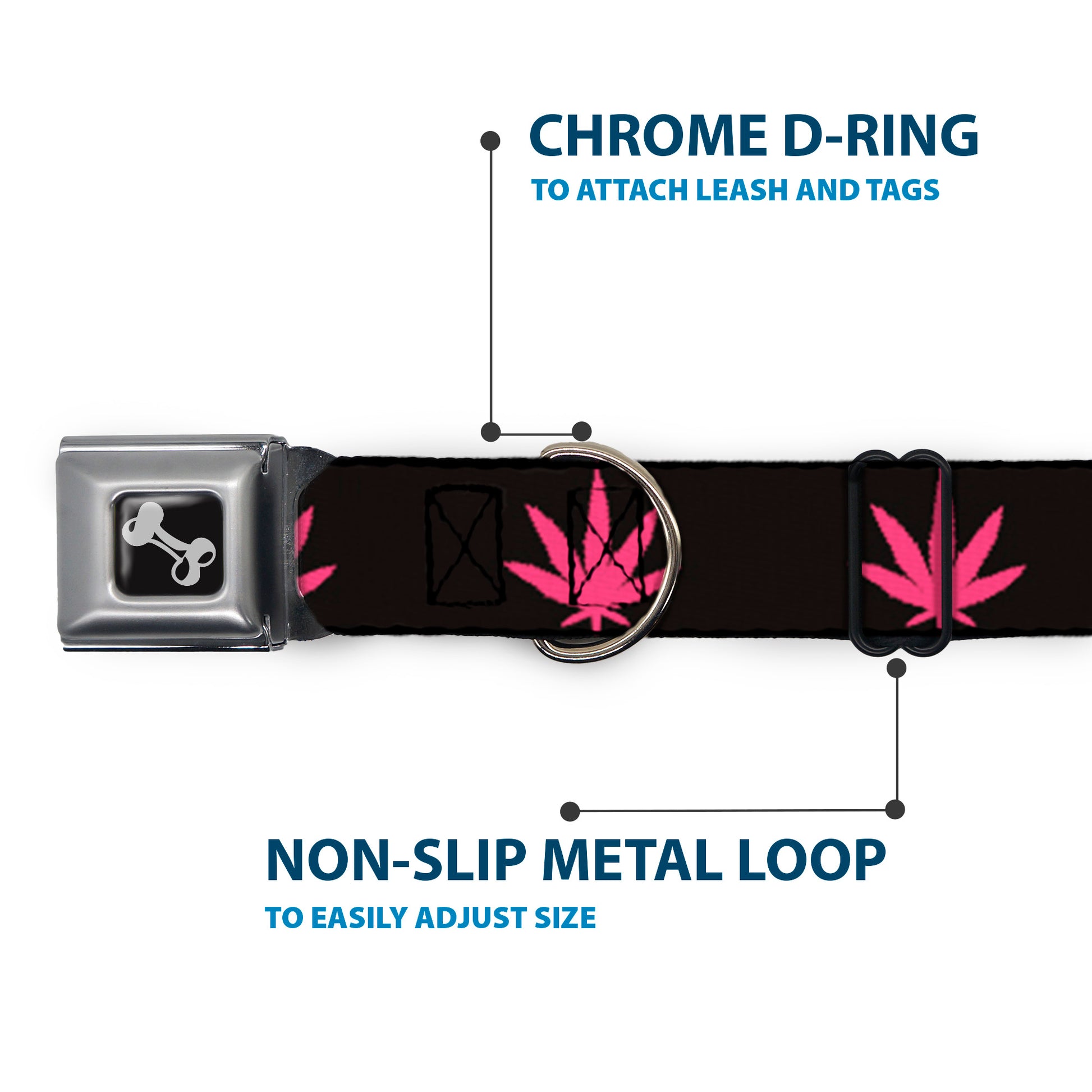 Buckle-Down Seatbelt Buckle Dog Collar - Marijuana Leaf Repeat Black/Pink Seatbelt Buckle Collars Buckle-Down