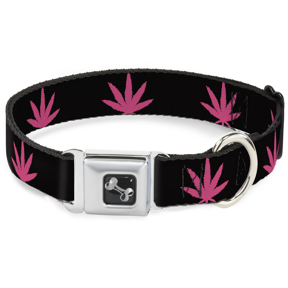Buckle-Down Seatbelt Buckle Dog Collar - Marijuana Leaf Repeat Black/Pink Seatbelt Buckle Collars Buckle-Down