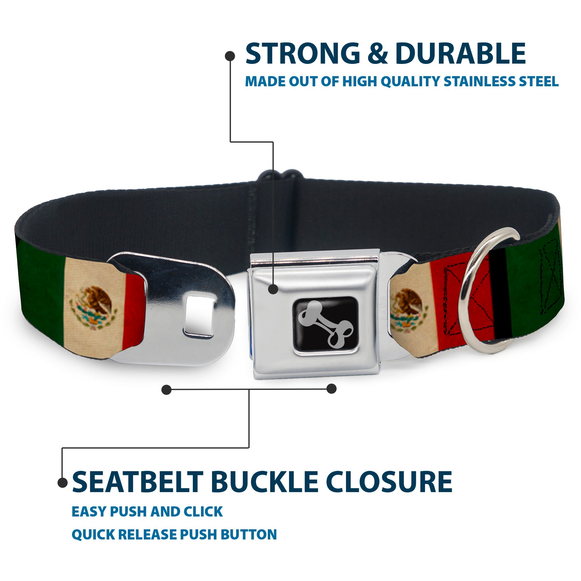 Dog Bone Seatbelt Buckle Collar - Mexico Flag Distressed Seatbelt Buckle Collars Buckle-Down