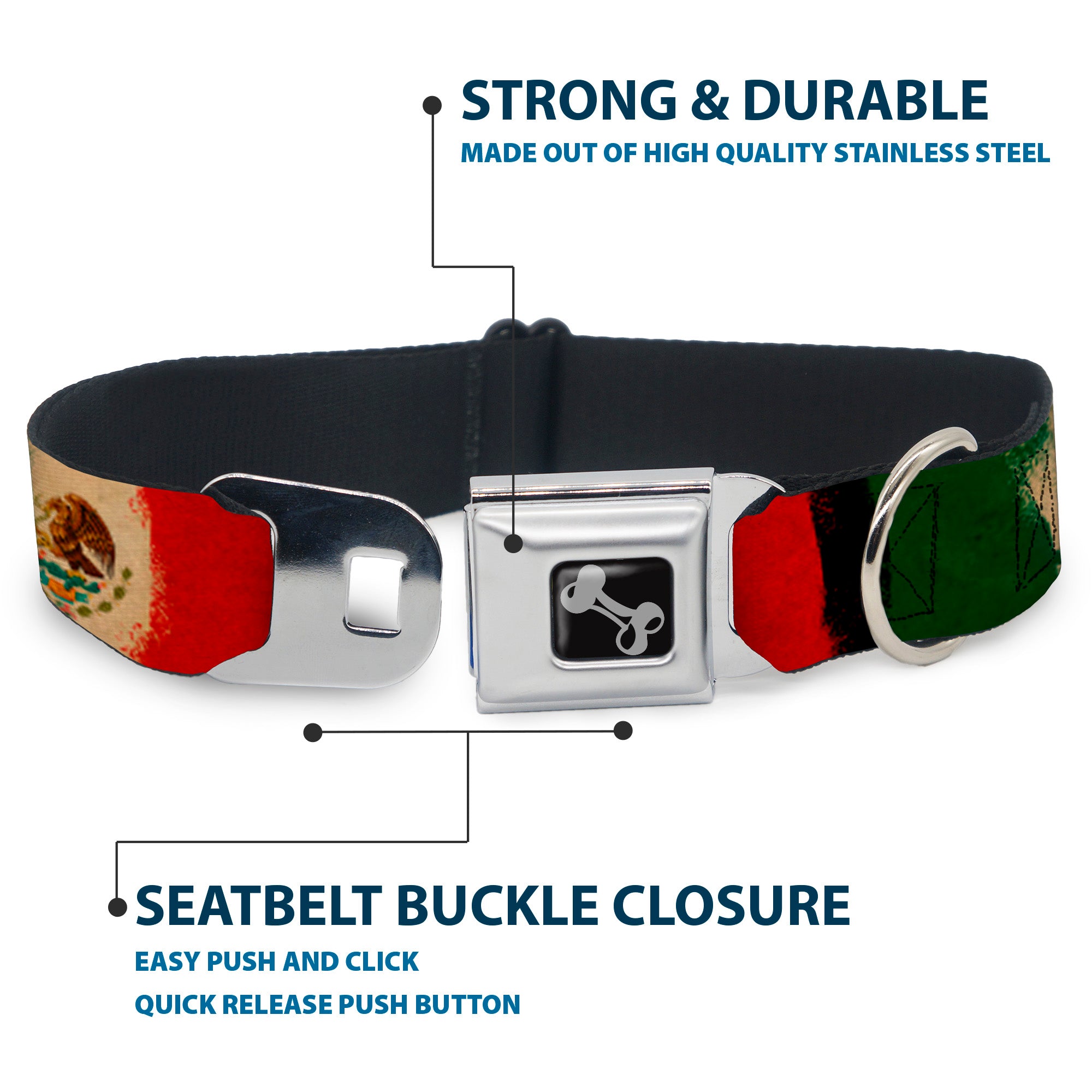 Dog Bone Seatbelt Buckle Collar - Mexico Flag Distressed Painting Seatbelt Buckle Collars Buckle-Down