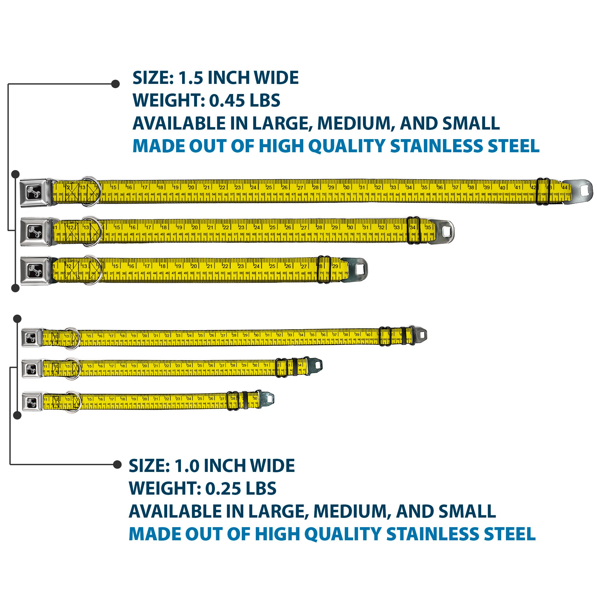 Dog Bone Black/Silver Seatbelt Buckle Collar - Measuring Tape Inches + Centimeters Seatbelt Buckle Collars Buckle-Down