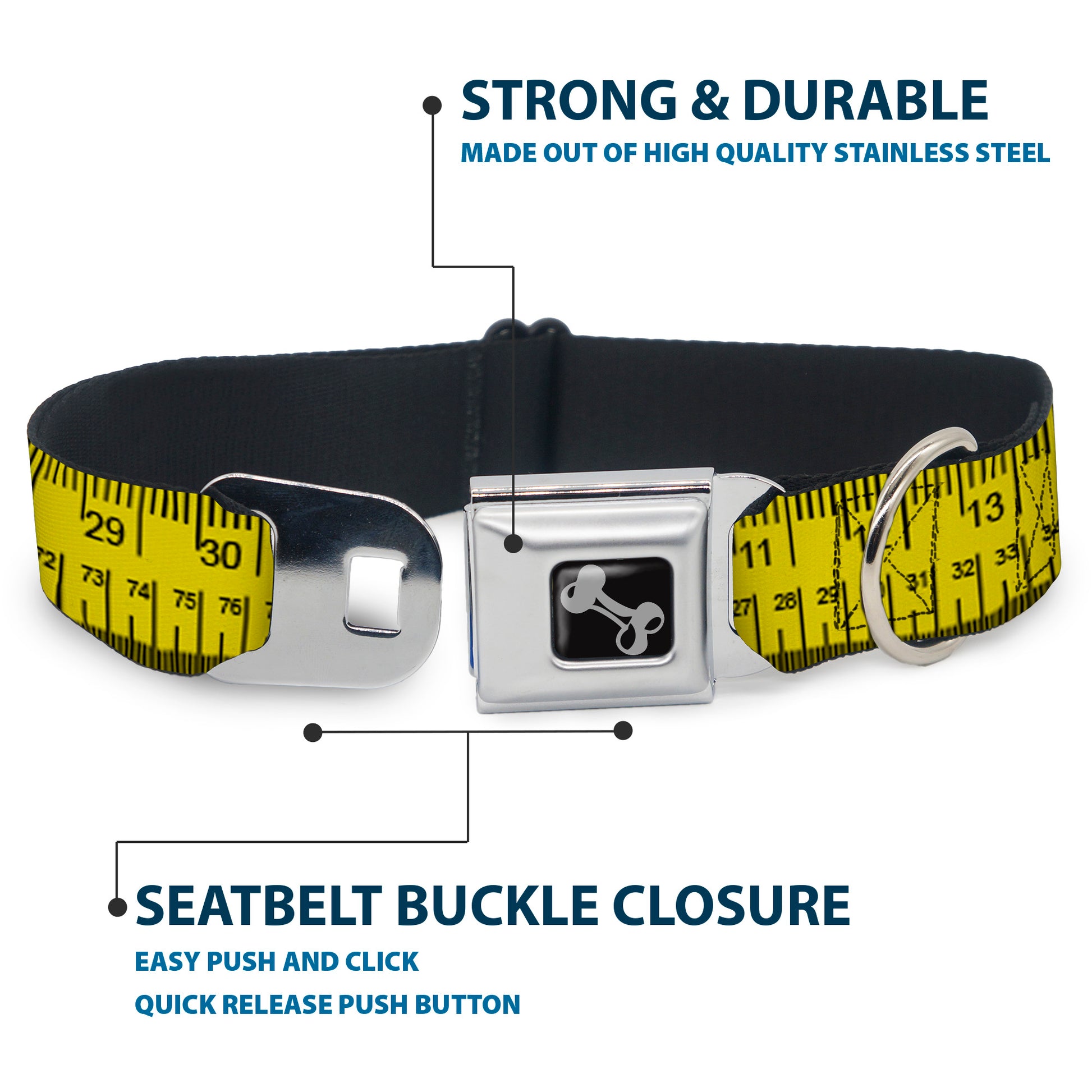 Dog Bone Black/Silver Seatbelt Buckle Collar - Measuring Tape Inches + Centimeters Seatbelt Buckle Collars Buckle-Down