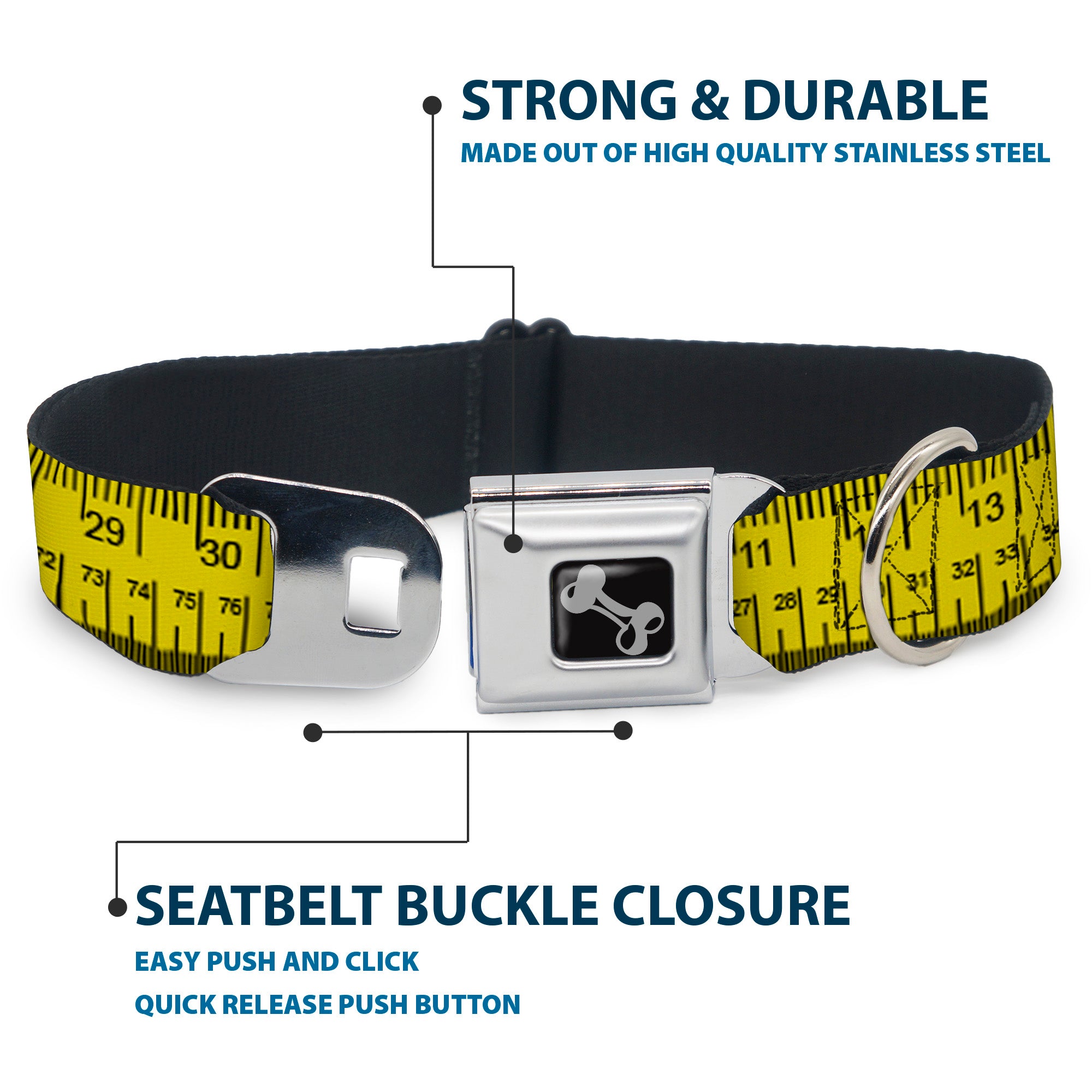 Dog Bone Black/Silver Seatbelt Buckle Collar - Measuring Tape Inches + Centimeters Seatbelt Buckle Collars Buckle-Down