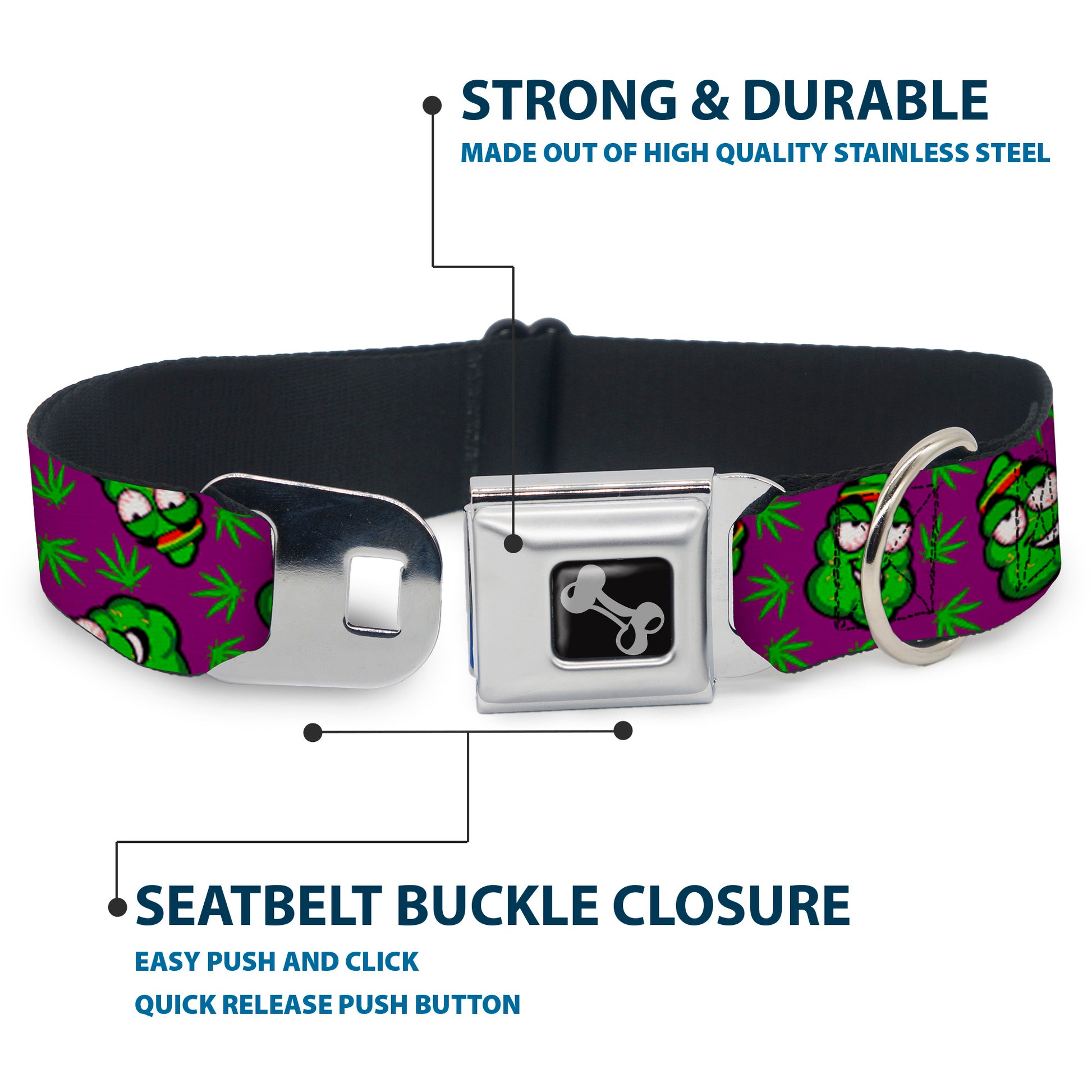 Buckle-Down Seatbelt Buckle Dog Collar - Marijuana Nugs/Leaves Cartoon Purple/Green Seatbelt Buckle Collars Buckle-Down