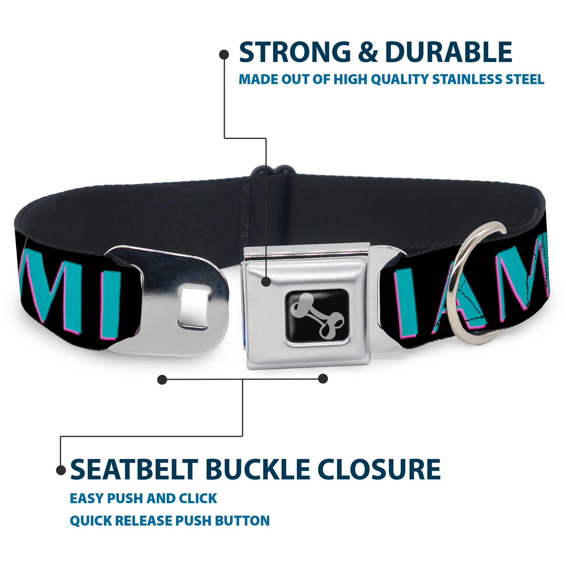 Dog Bone Seatbelt Buckle Collar - MIAMI/Palm Trees Black/White/Pink//Teal Seatbelt Buckle Collars Buckle-Down