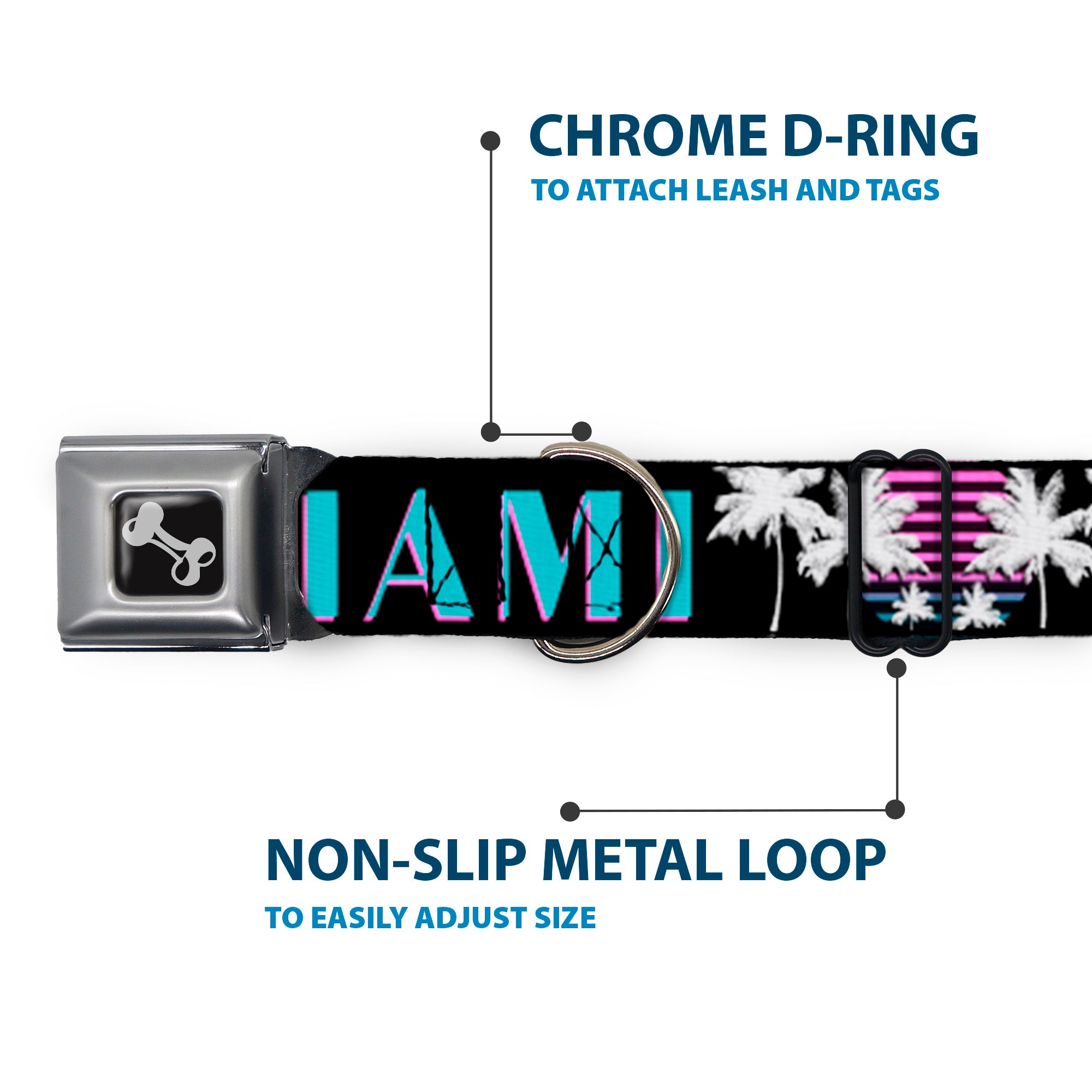 Dog Bone Seatbelt Buckle Collar - MIAMI/Palm Trees Black/White/Pink//Teal Seatbelt Buckle Collars Buckle-Down