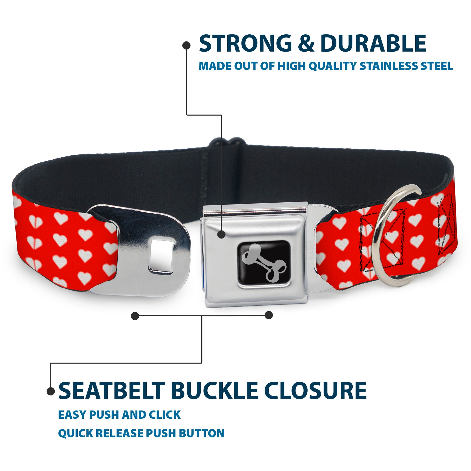 Dog Bone Seatbelt Buckle Collar - Mini Hearts Monogram Red/White Seatbelt Buckle Collars Buckle-Down