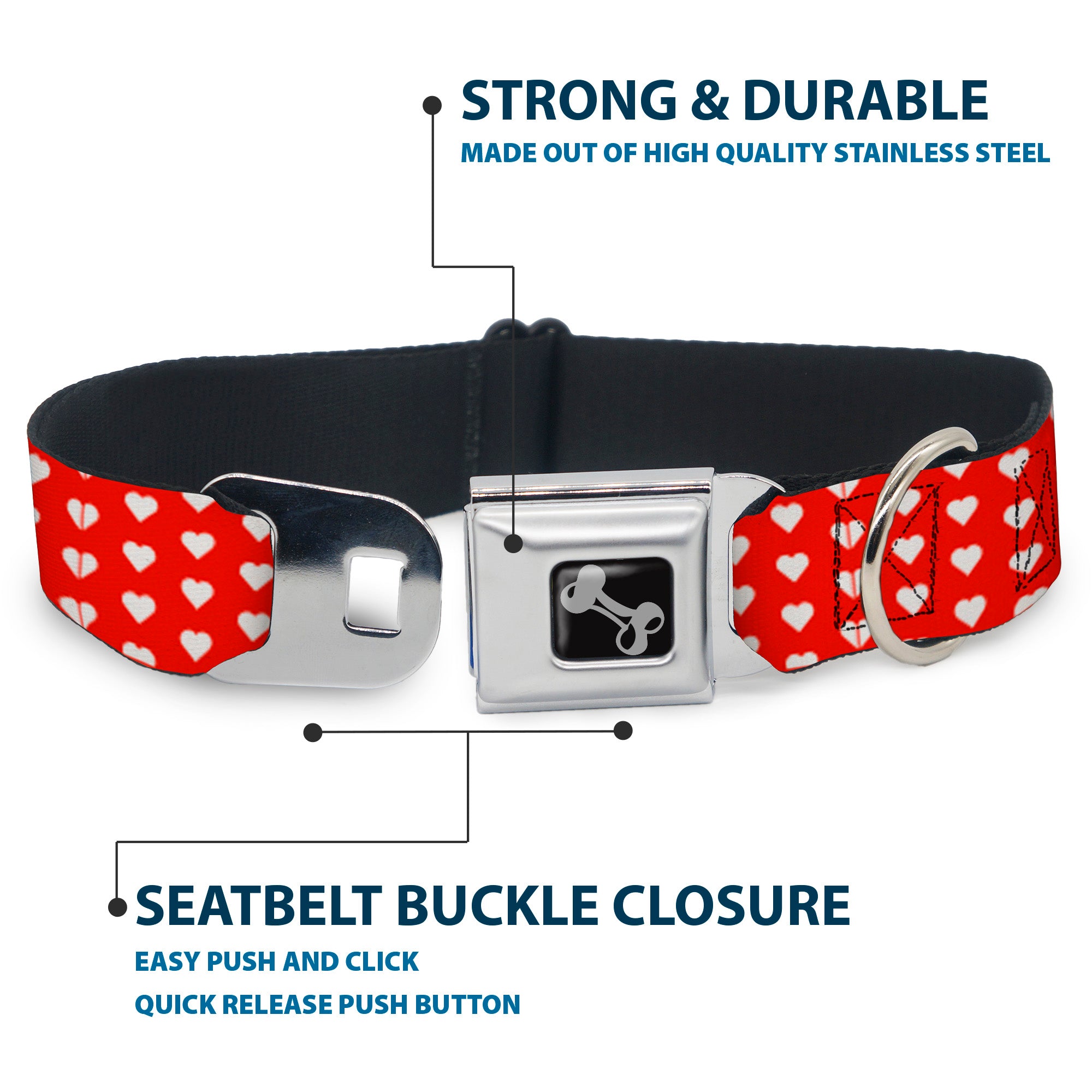 Dog Bone Seatbelt Buckle Collar - Mini Hearts Monogram Red/White Seatbelt Buckle Collars Buckle-Down
