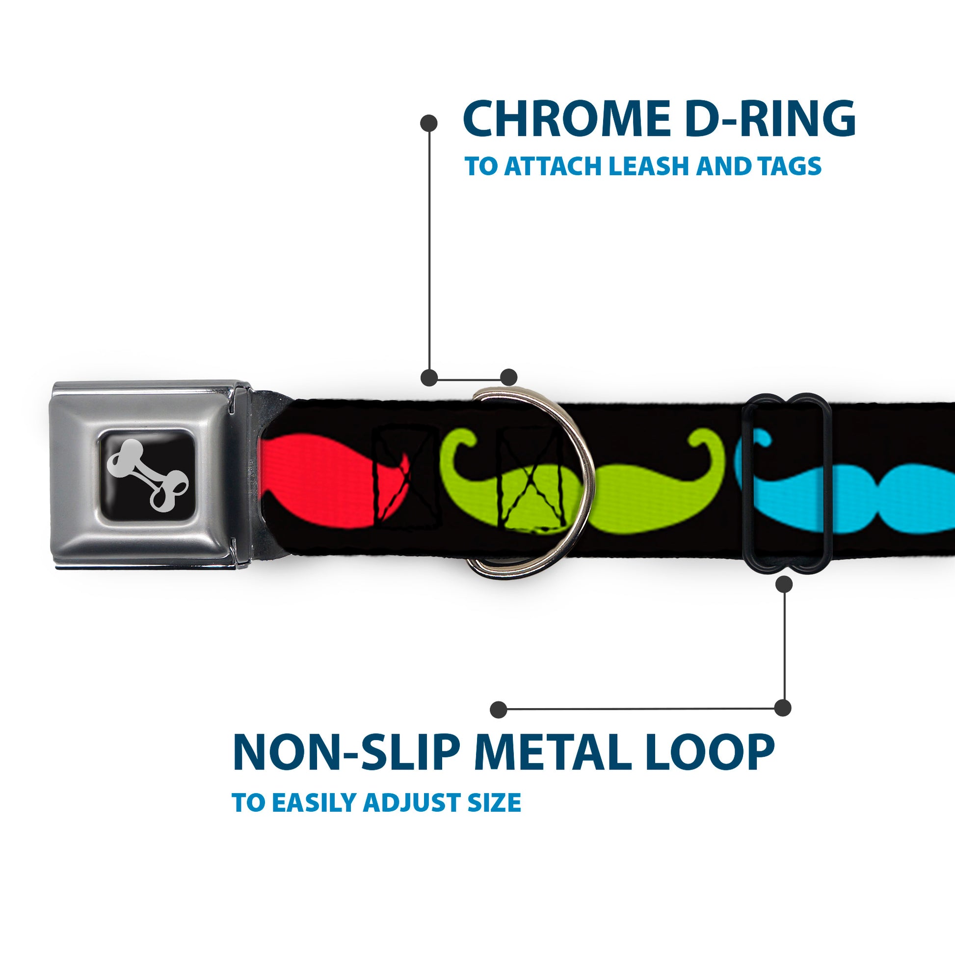 Dog Bone Seatbelt Buckle Collar - Mustaches-4 Black/Multi Color Seatbelt Buckle Collars Buckle-Down