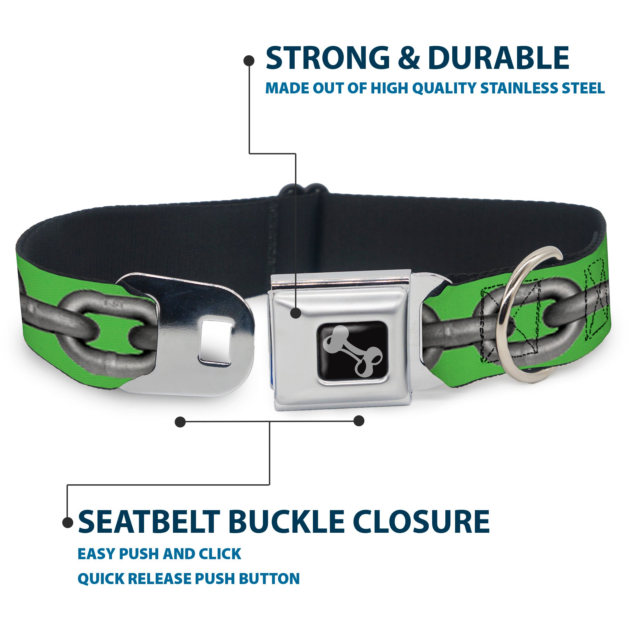 Dog Bone Seatbelt Buckle Collar - Metal Chain Green/Gray Seatbelt Buckle Collars Buckle-Down