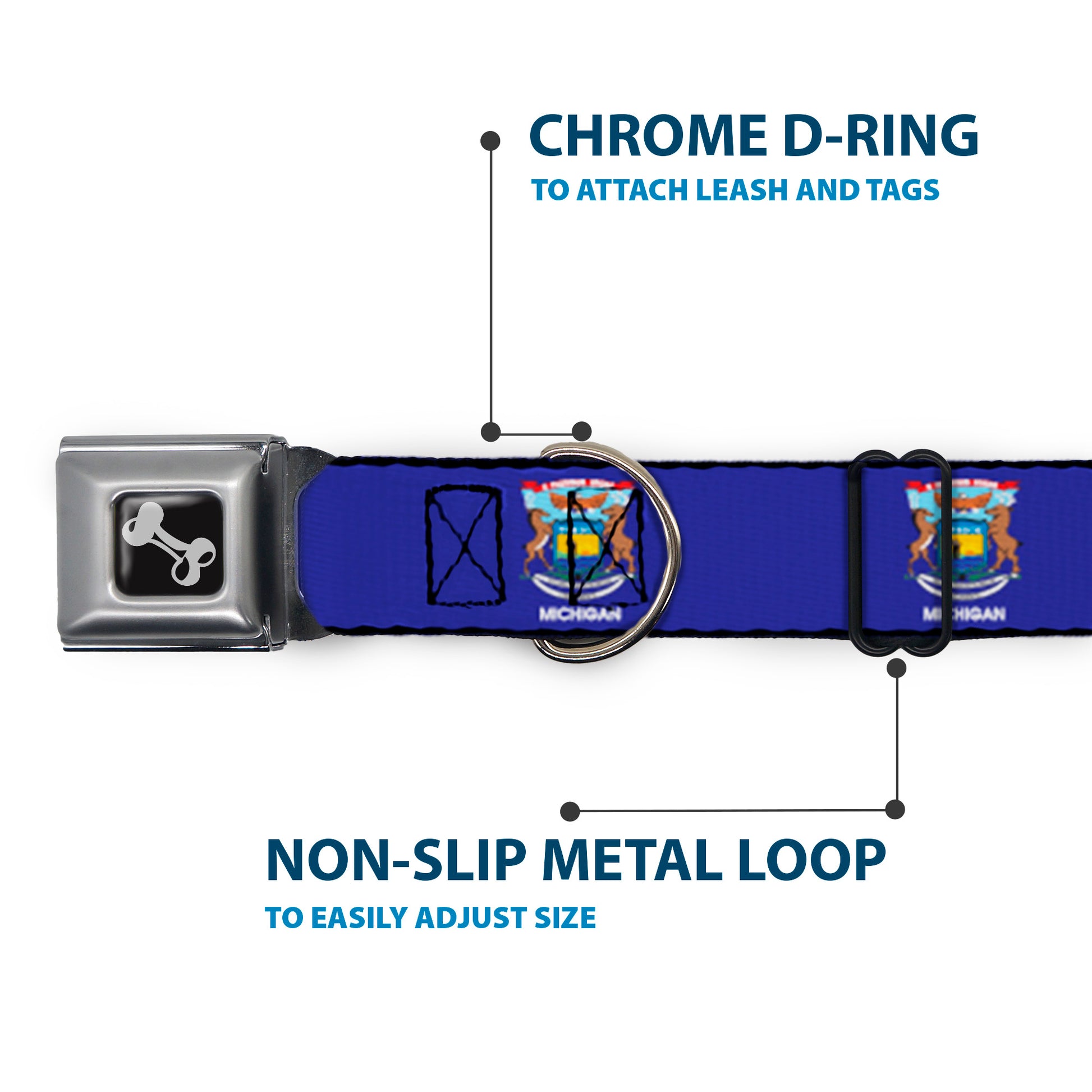 Dog Bone Black/Silver Seatbelt Buckle Collar - Michigan Flag Continuous Seatbelt Buckle Collars Buckle-Down
