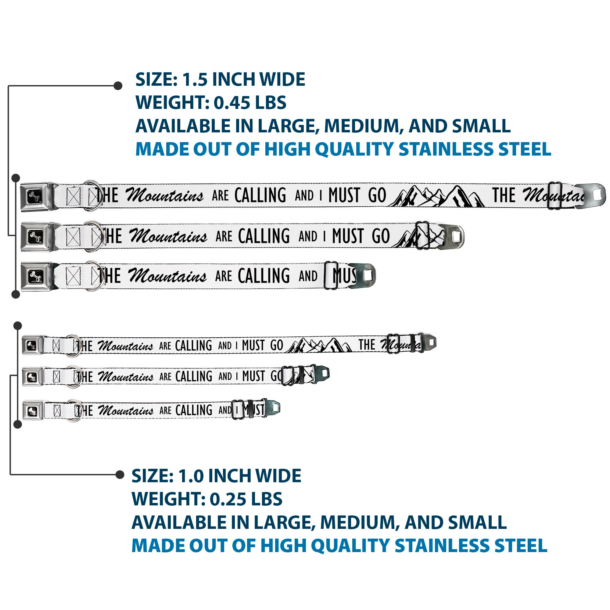 Dog Bone Black/Silver Seatbelt Buckle Collar - THE MOUNTAINS ARE CALLING AND I MUST GO/Mountains Outline White/Black Seatbelt Buckle Collars Buckle-Down