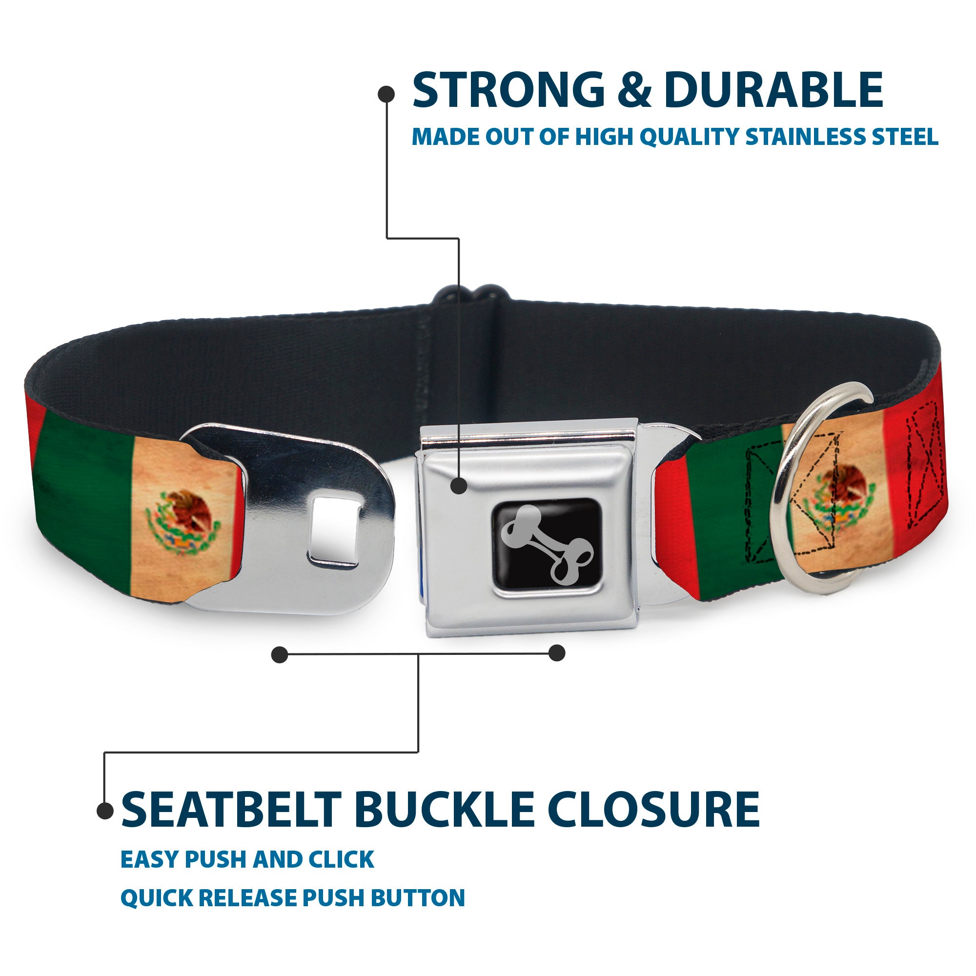 Dog Bone Black/Silver Seatbelt Buckle Collar - Mexico Flag Continuous Vintage Seatbelt Buckle Collars Buckle-Down
