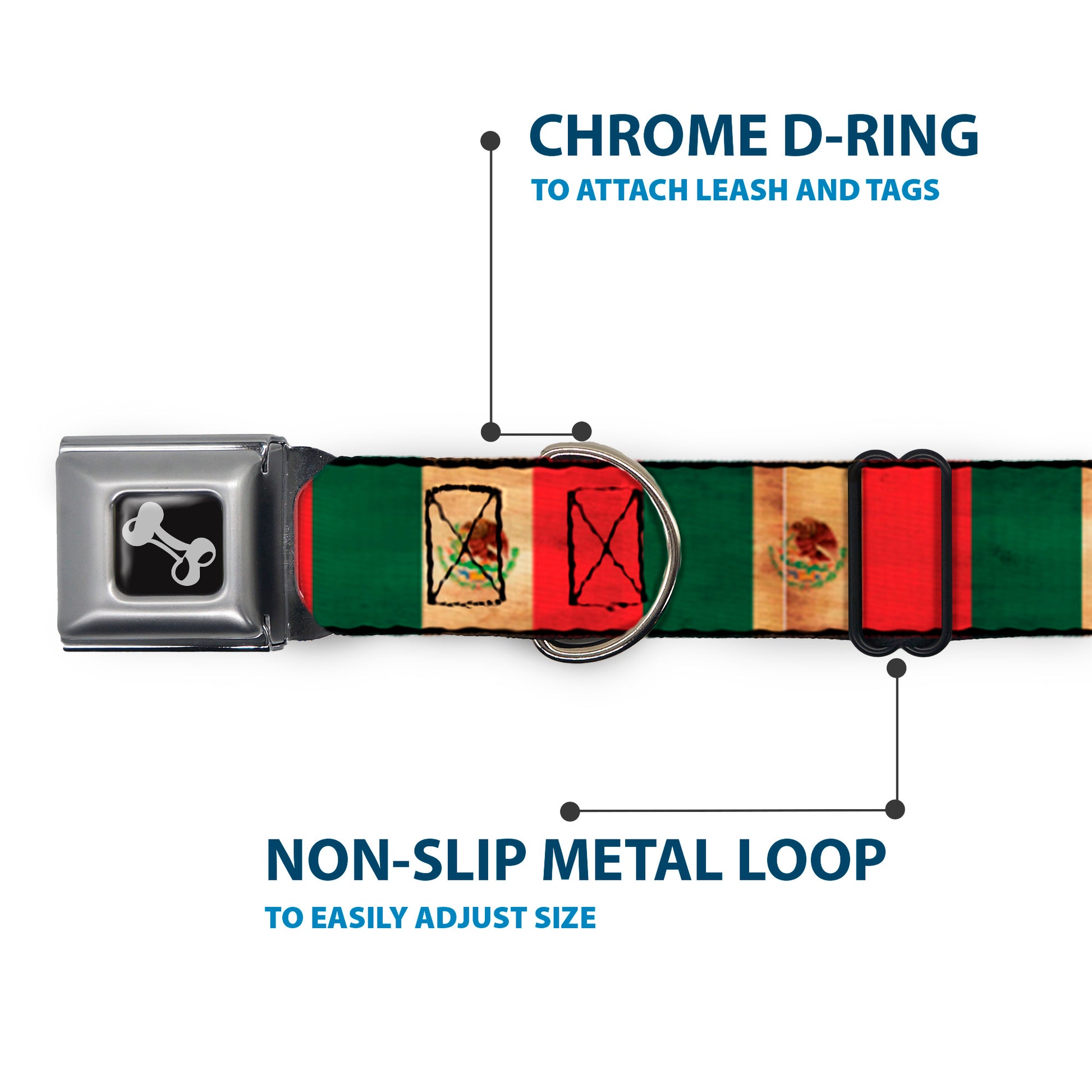 Dog Bone Black/Silver Seatbelt Buckle Collar - Mexico Flag Continuous Vintage Seatbelt Buckle Collars Buckle-Down