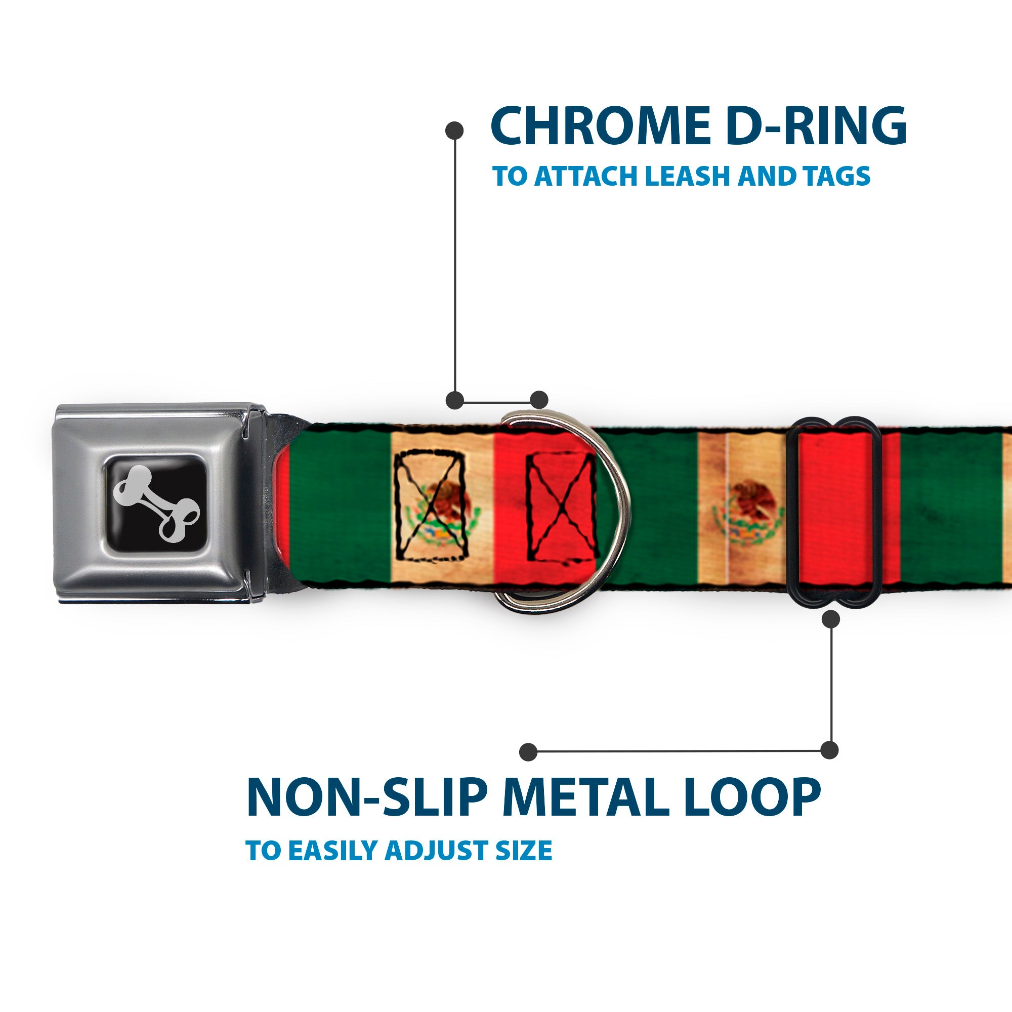 Dog Bone Black/Silver Seatbelt Buckle Collar - Mexico Flag Continuous Vintage Seatbelt Buckle Collars Buckle-Down