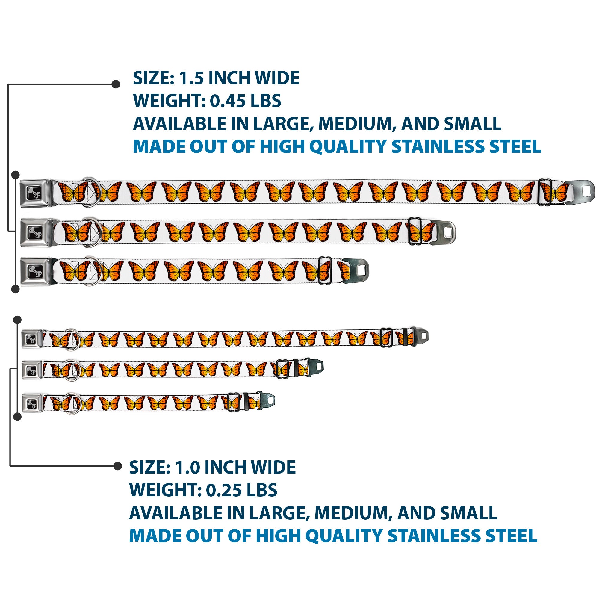 Dog Bone Black/Silver Seatbelt Buckle Collar - Monarch Butterfly Repeat White Seatbelt Buckle Collars Buckle-Down