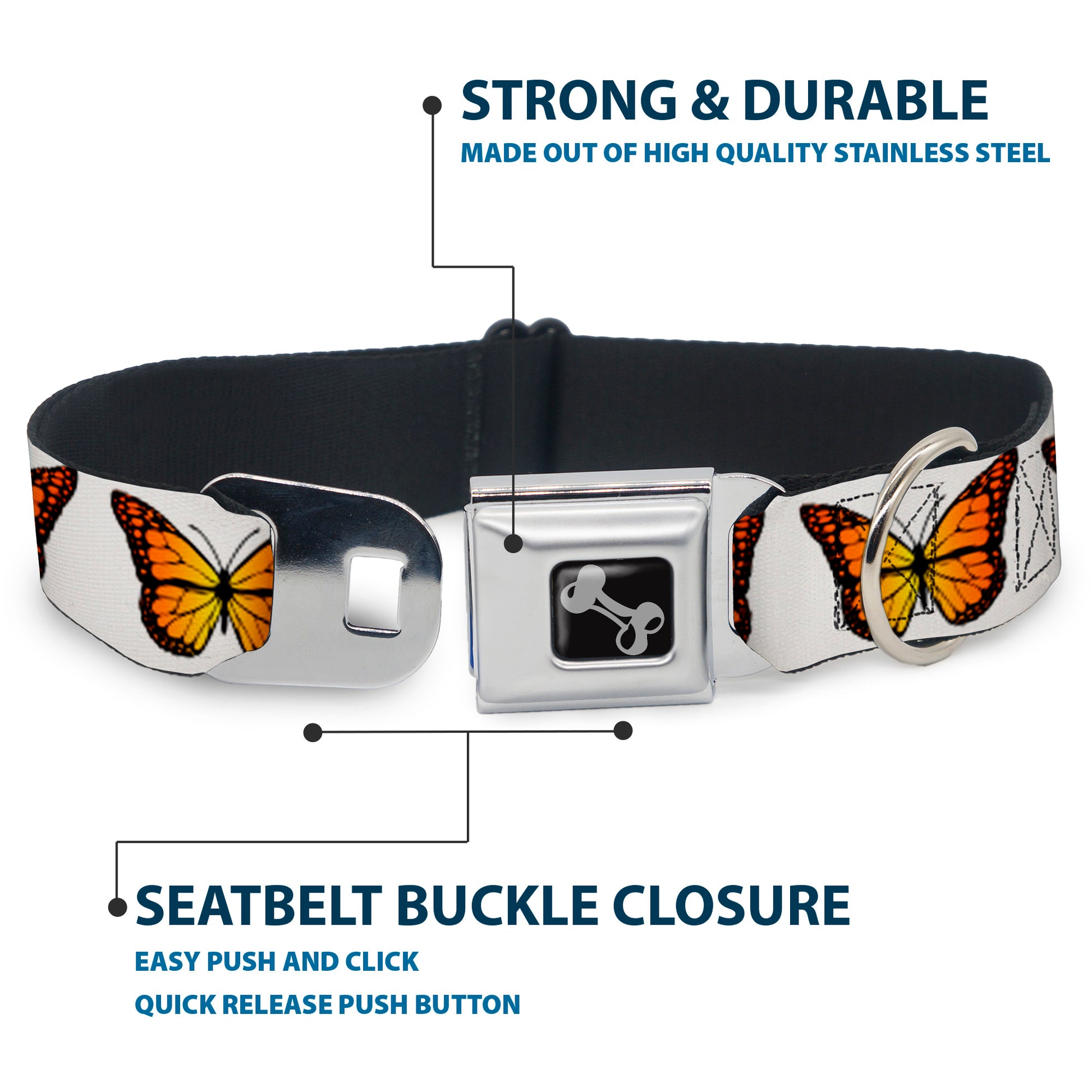 Dog Bone Black/Silver Seatbelt Buckle Collar - Monarch Butterfly Repeat White Seatbelt Buckle Collars Buckle-Down