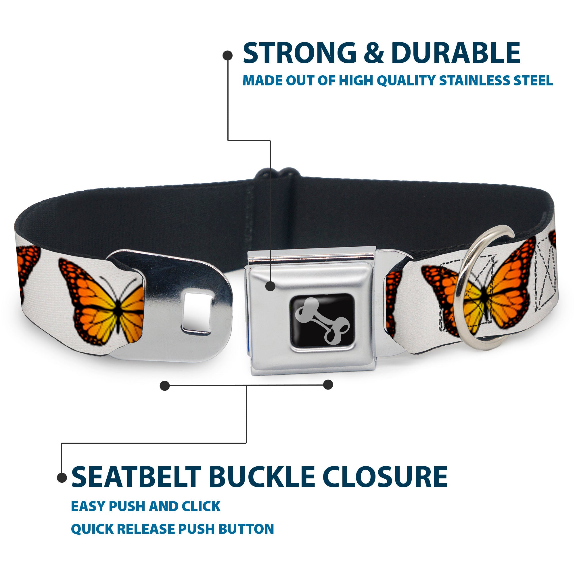 Dog Bone Black/Silver Seatbelt Buckle Collar - Monarch Butterfly Repeat White Seatbelt Buckle Collars Buckle-Down