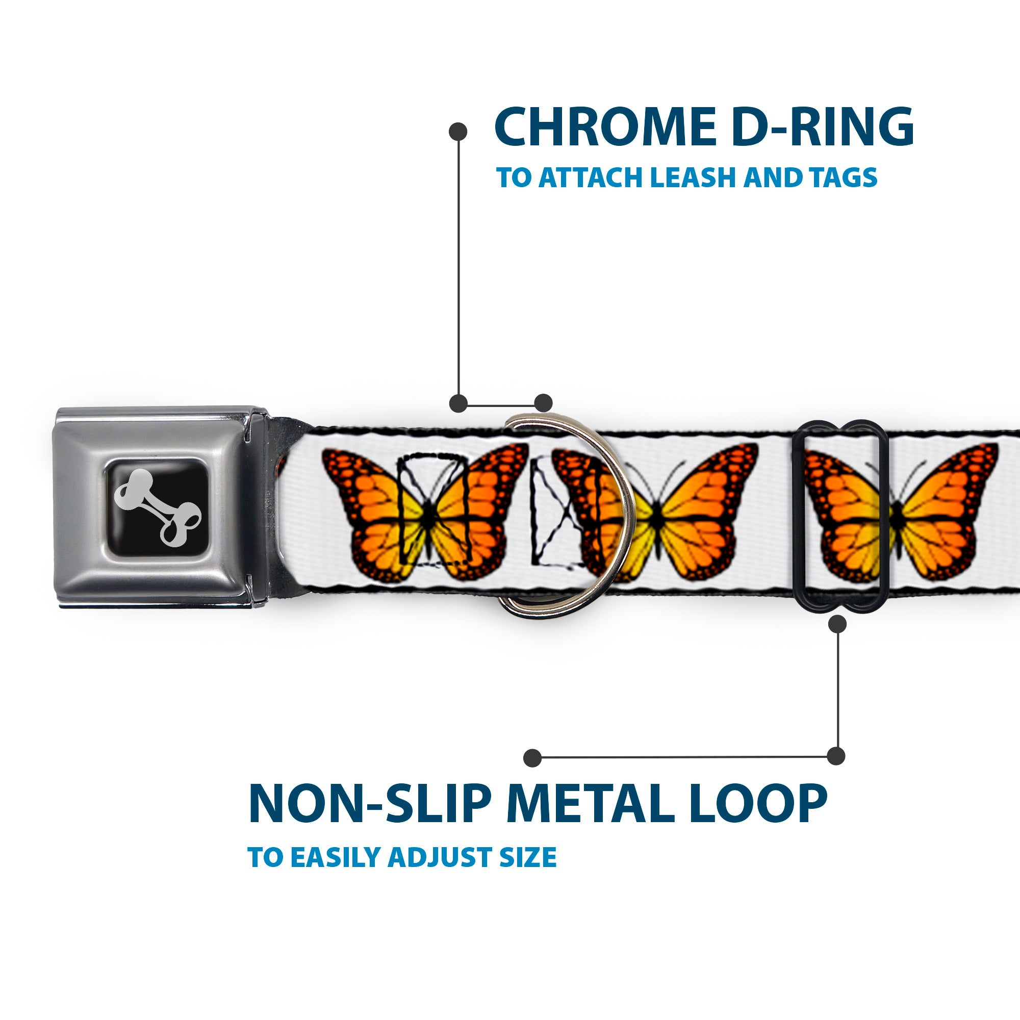 Dog Bone Black/Silver Seatbelt Buckle Collar - Monarch Butterfly Repeat White Seatbelt Buckle Collars Buckle-Down