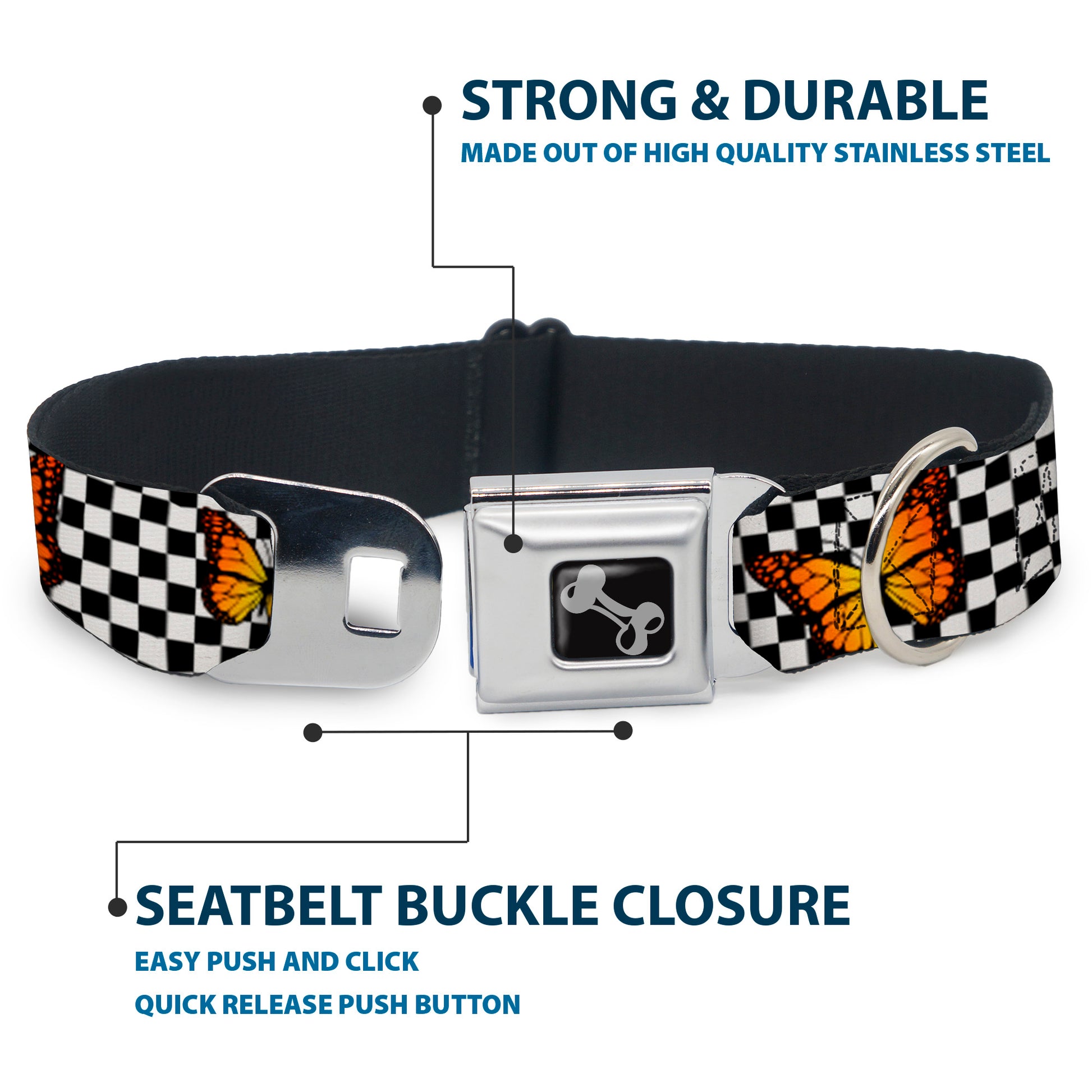 Dog Bone Black/Silver Seatbelt Buckle Collar - Monarch Butterfly Scattered Checker Black/White Seatbelt Buckle Collars Buckle-Down