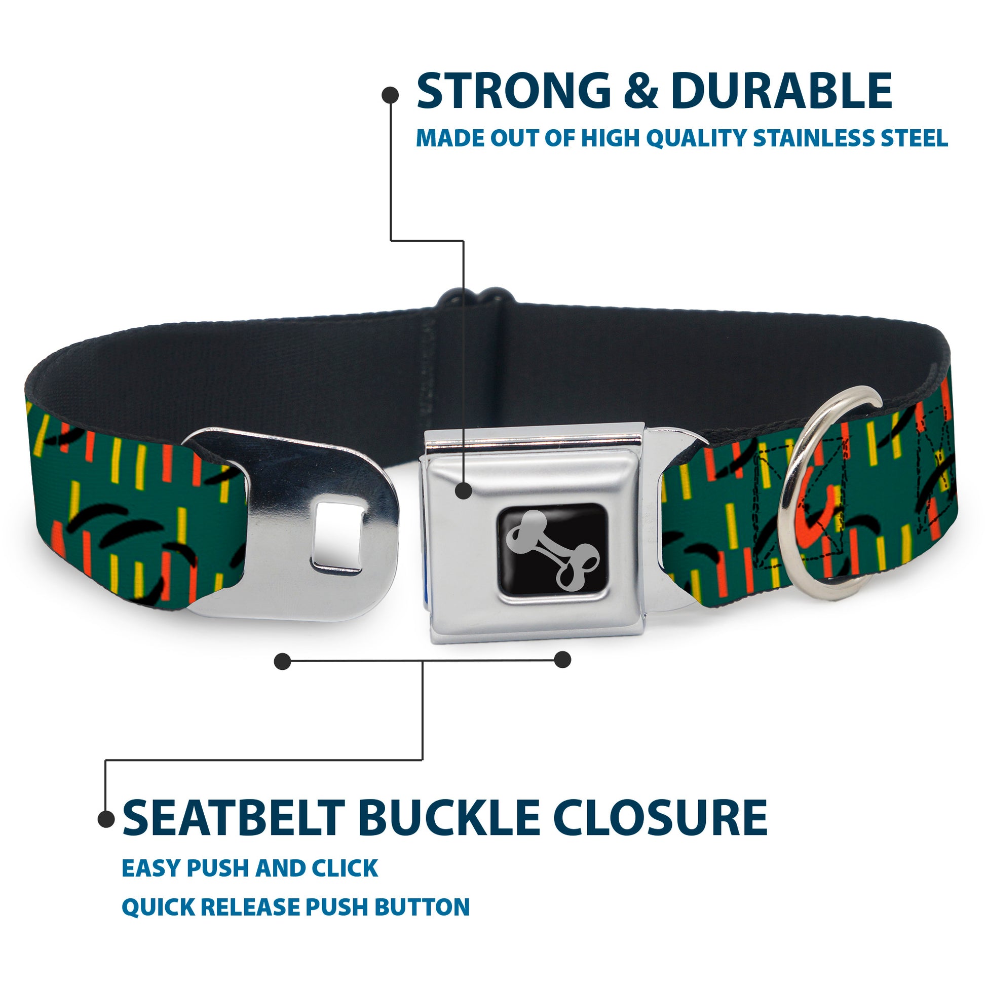 Dog Bone Black/Silver Seatbelt Buckle Collar - MCO Orlando International Airport Carpet Teal/Orange/Yellow/Black Seatbelt Buckle Collars Buckle-Down