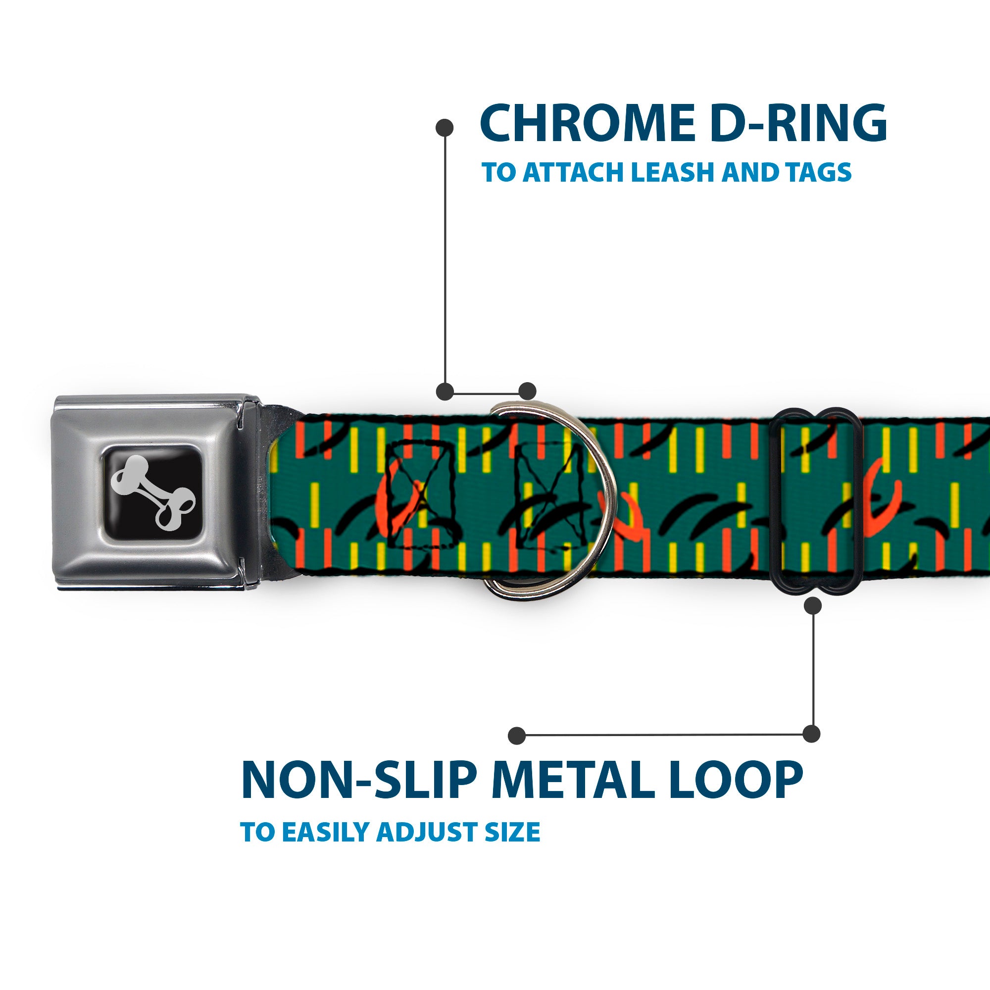 Dog Bone Black/Silver Seatbelt Buckle Collar - MCO Orlando International Airport Carpet Teal/Orange/Yellow/Black Seatbelt Buckle Collars Buckle-Down