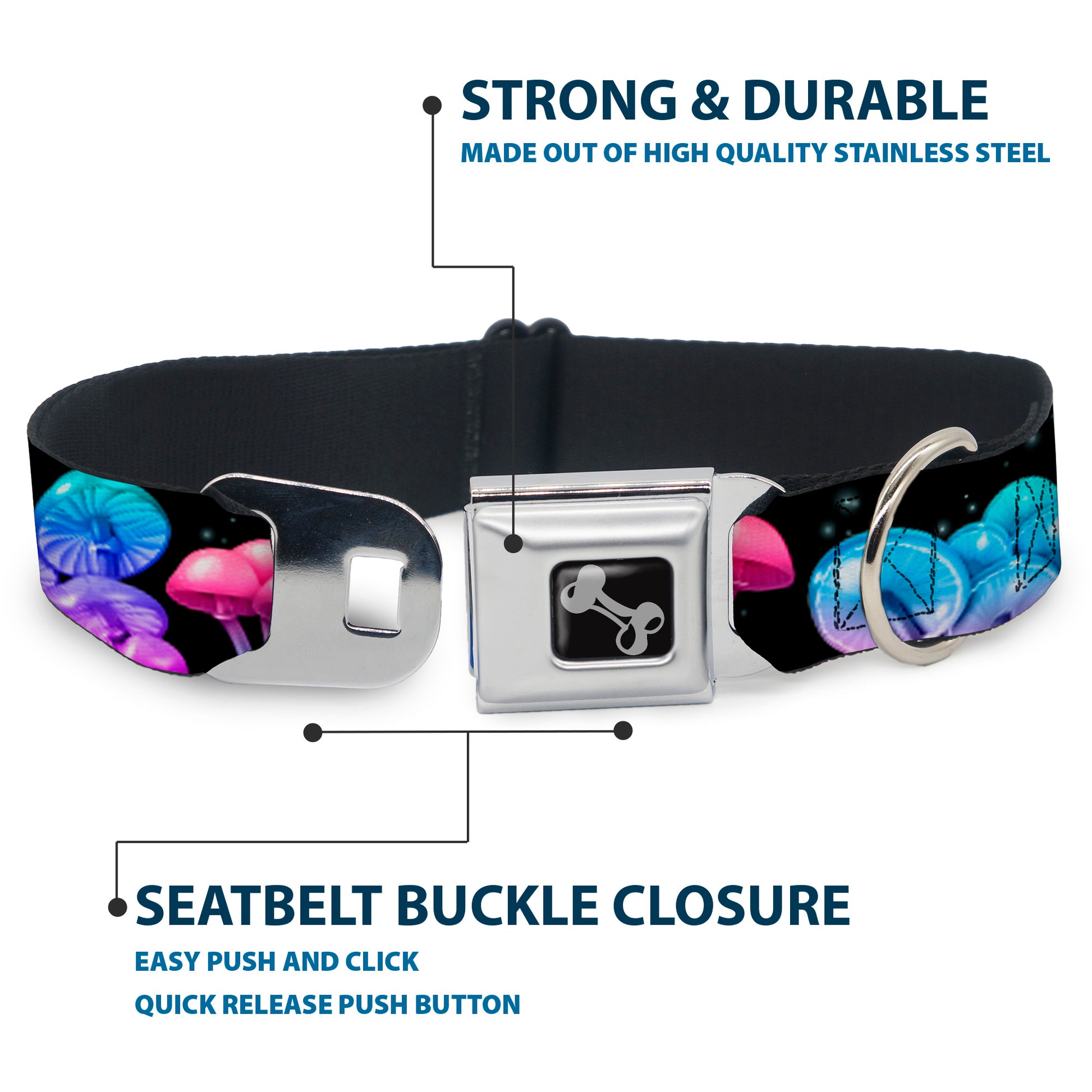 Dog Bone Black/Silver Seatbelt Buckle Collar - Mushroom Glow Black/Multi Color Seatbelt Buckle Collars Buckle-Down