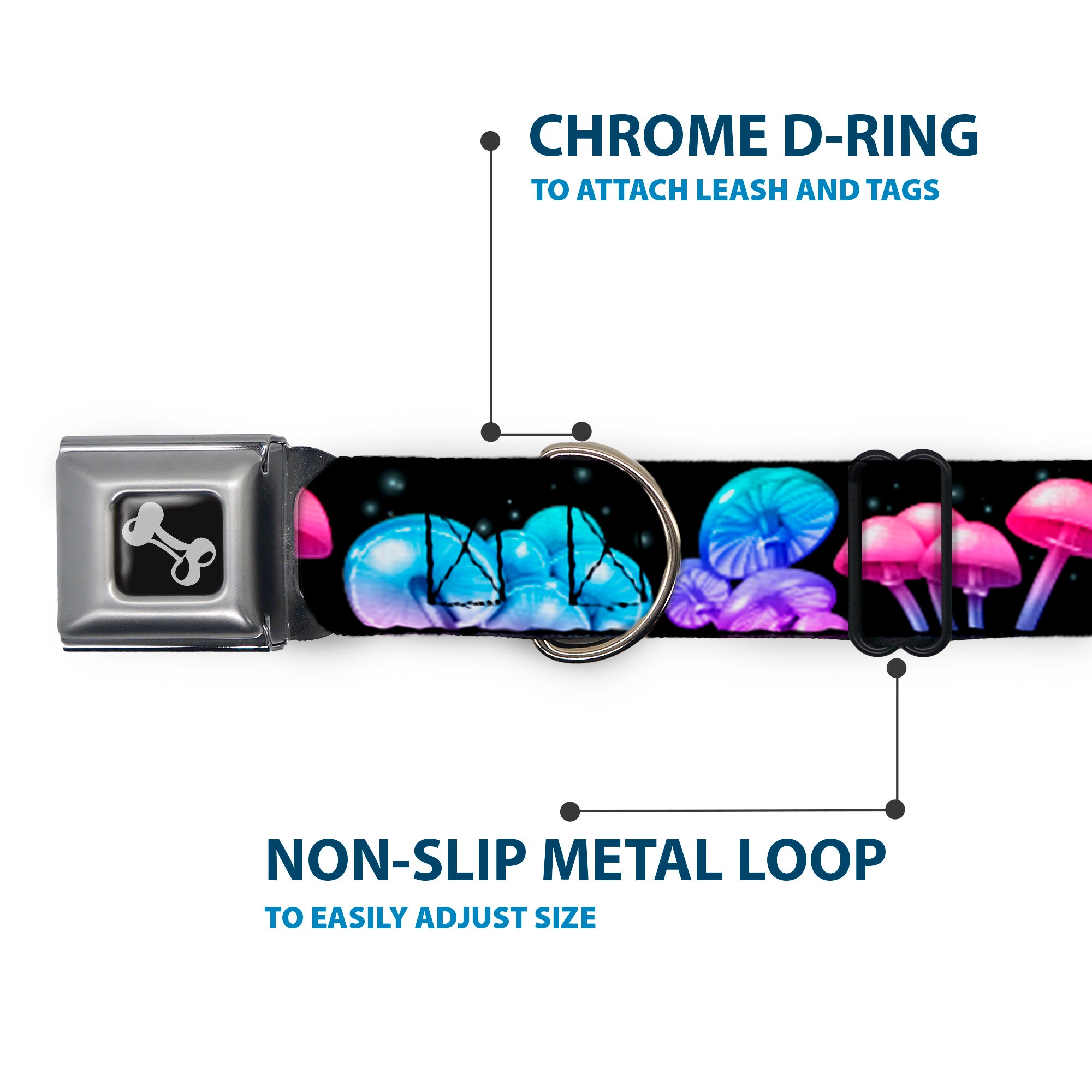 Dog Bone Black/Silver Seatbelt Buckle Collar - Mushroom Glow Black/Multi Color Seatbelt Buckle Collars Buckle-Down