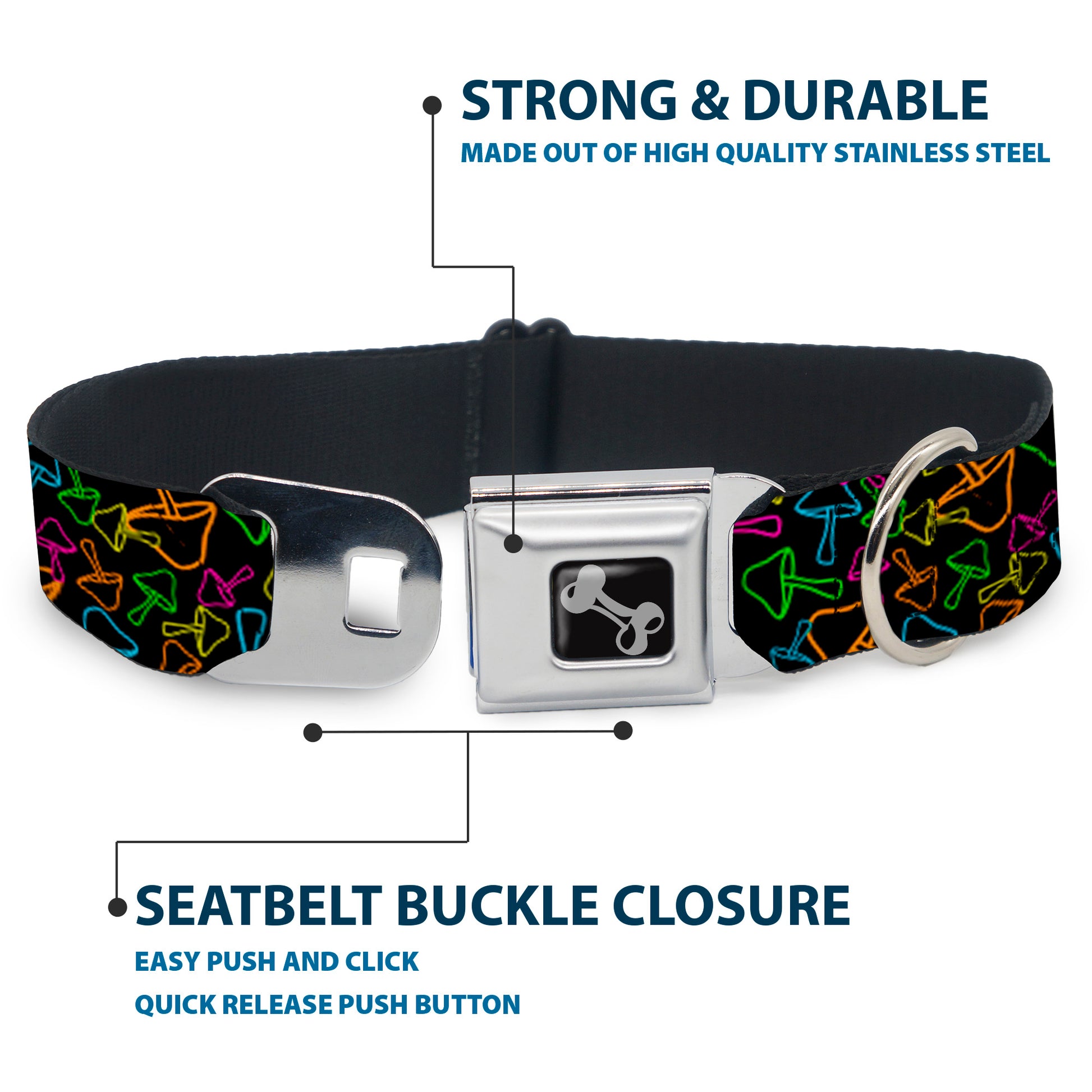 Dog Bone Black/Silver Seatbelt Buckle Collar - Mushroom Outline Scattered Black/Multi Neon Seatbelt Buckle Collars Buckle-Down