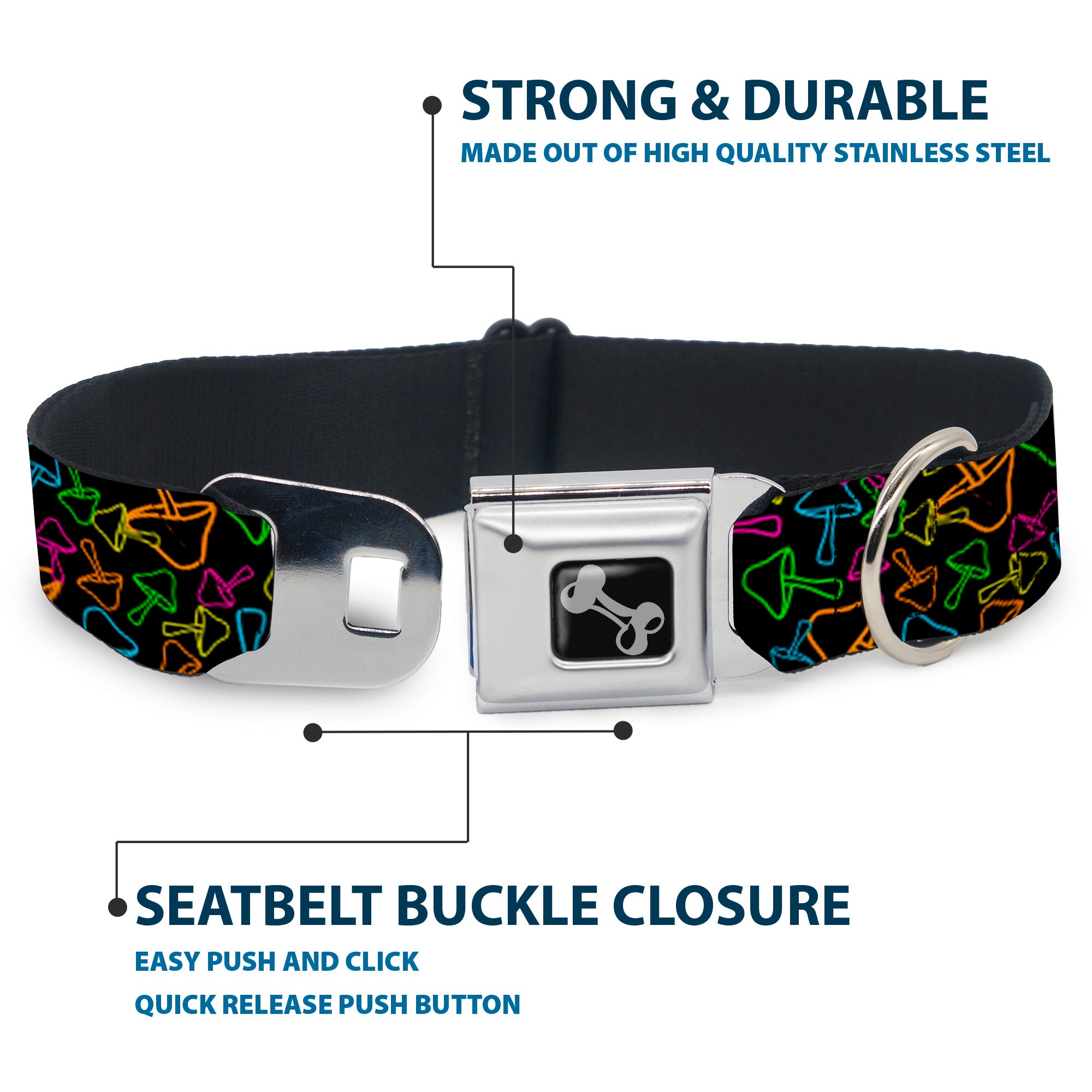 Dog Bone Black/Silver Seatbelt Buckle Collar - Mushroom Outline Scattered Black/Multi Neon Seatbelt Buckle Collars Buckle-Down