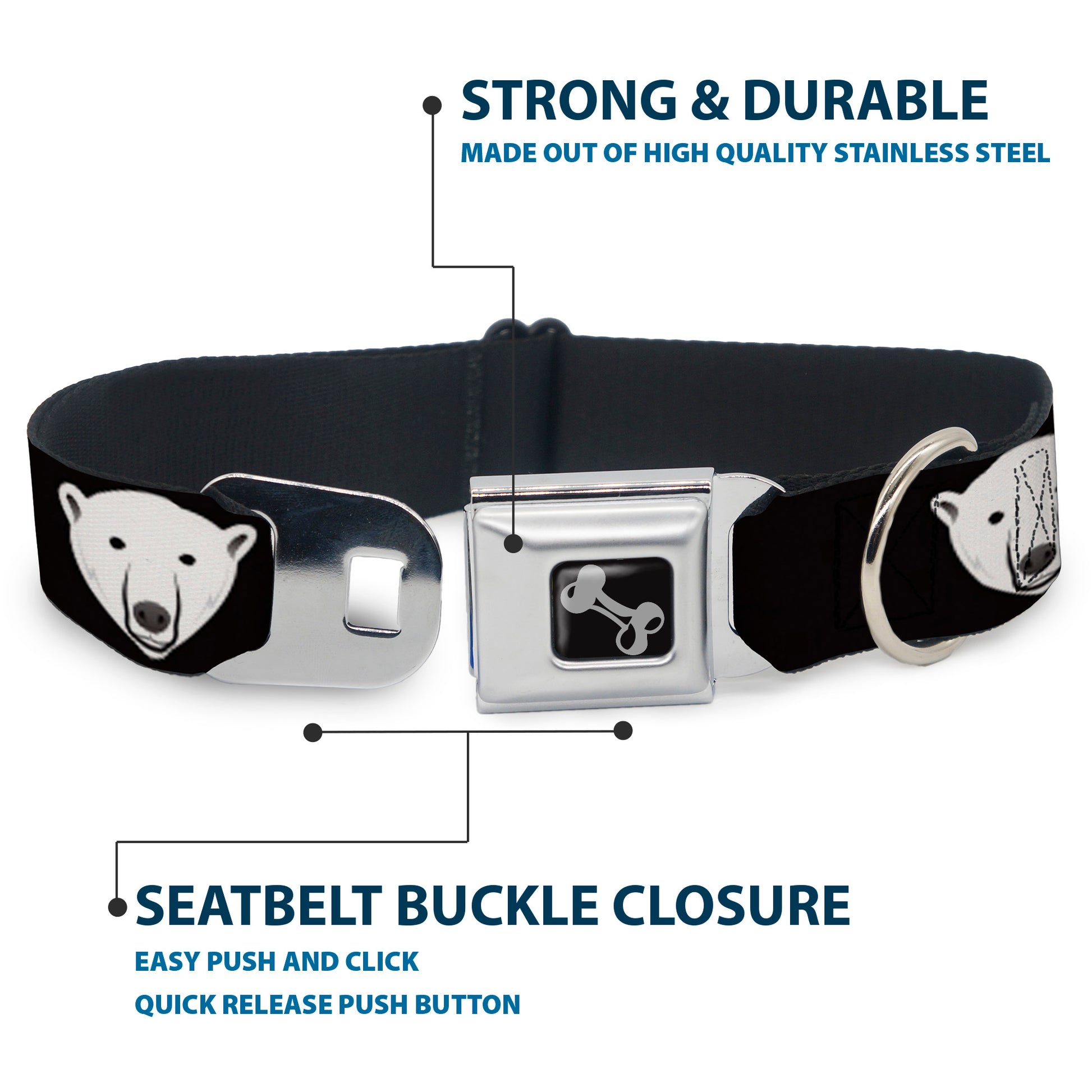 Dog Bone Seatbelt Buckle Collar - Polar Bear Repeat Black Seatbelt Buckle Collars Buckle-Down