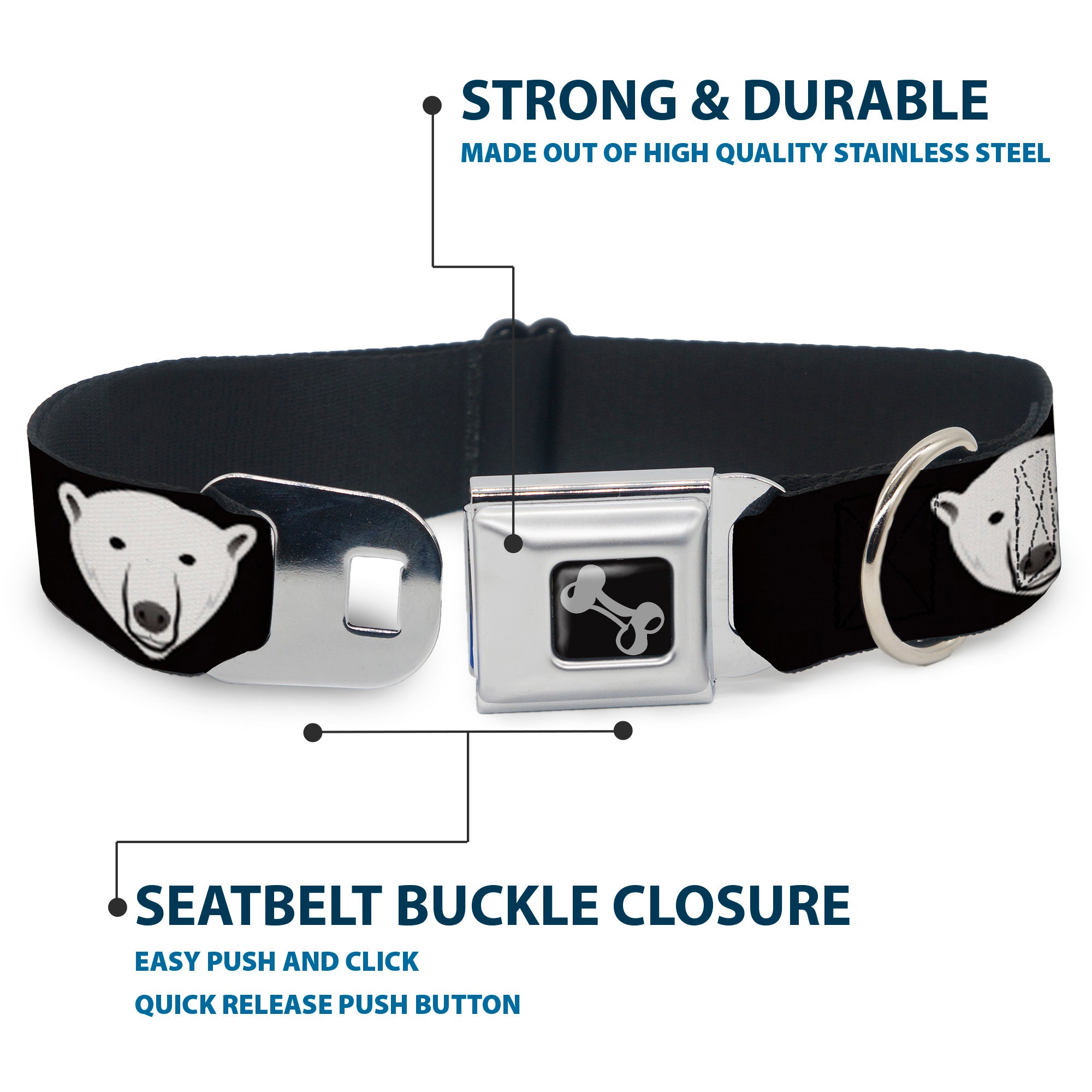 Dog Bone Seatbelt Buckle Collar - Polar Bear Repeat Black Seatbelt Buckle Collars Buckle-Down