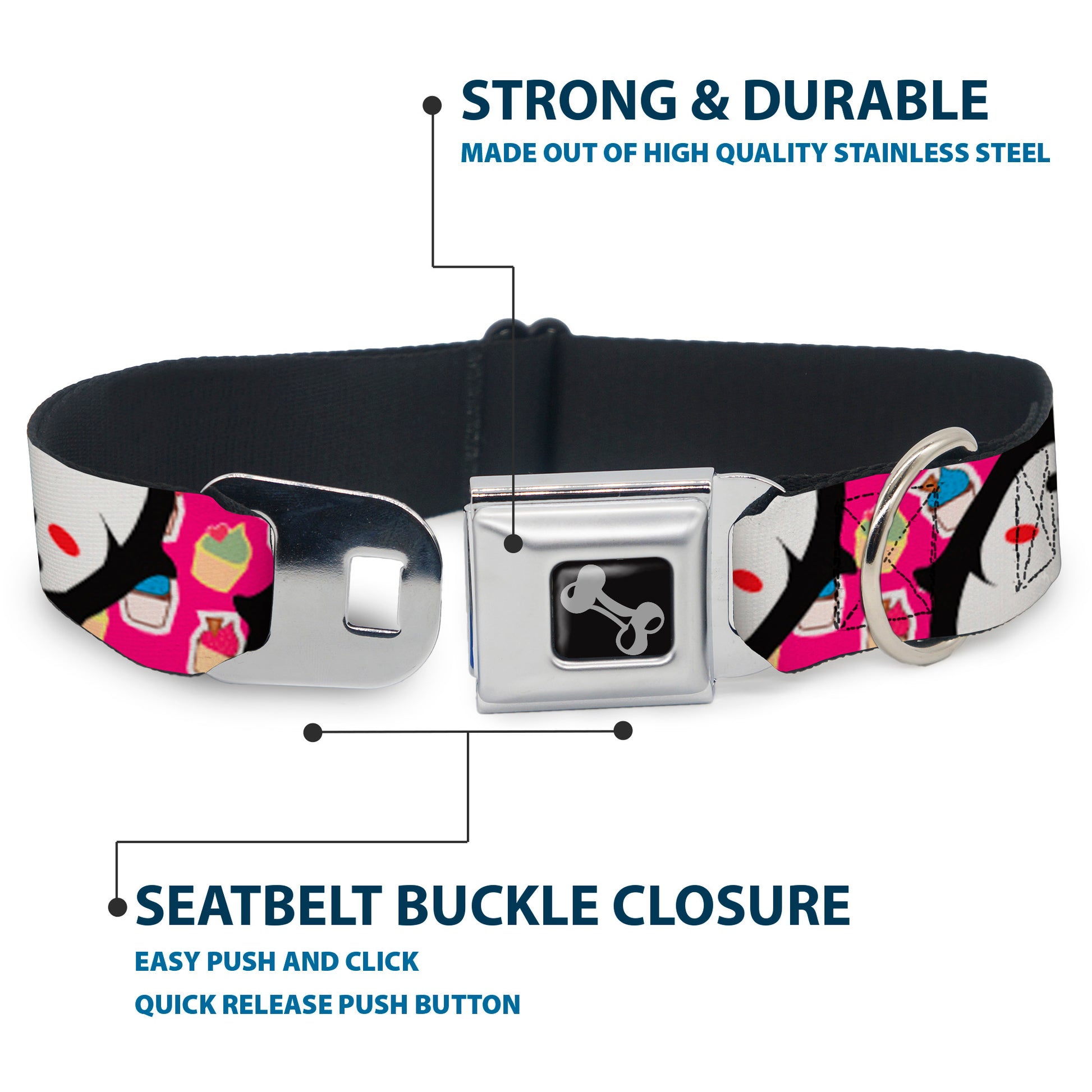 Dog Bone Seatbelt Buckle Collar - Penguins w/Cupcakes Fuchsia/Multi Color Seatbelt Buckle Collars Buckle-Down