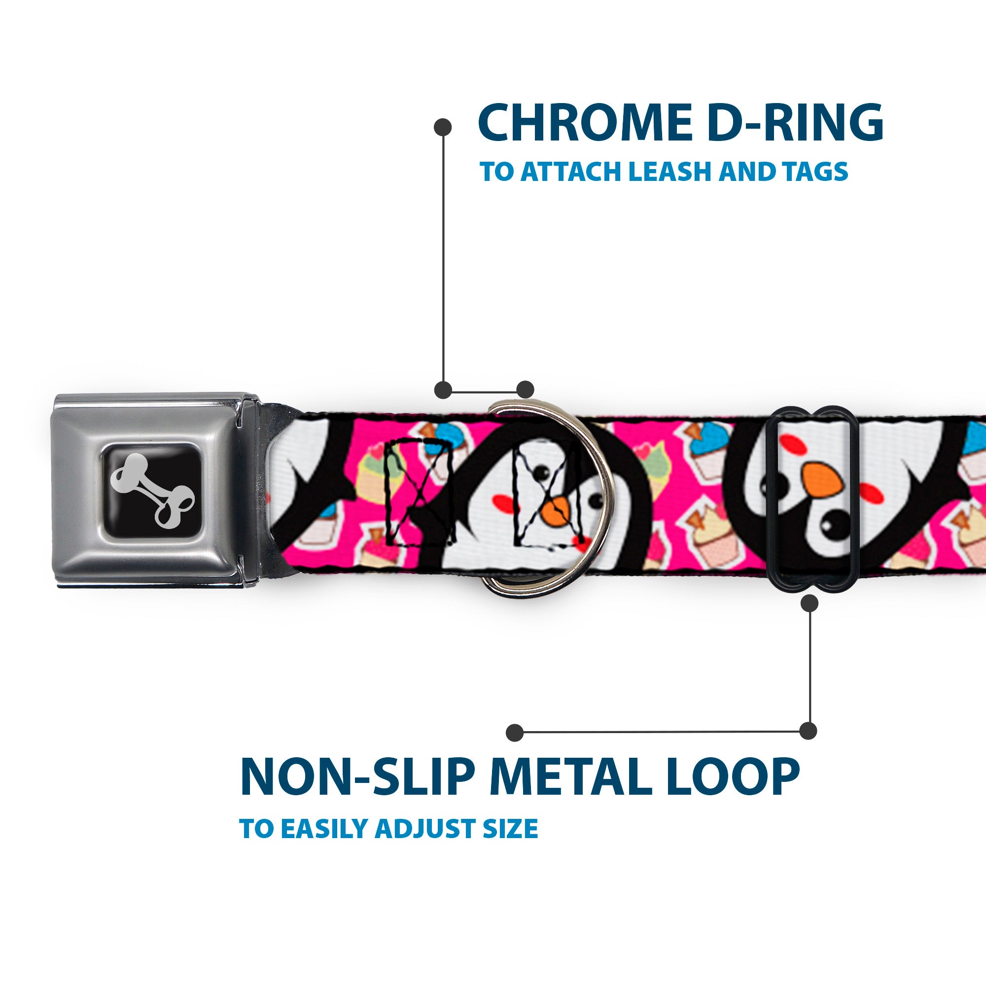 Dog Bone Seatbelt Buckle Collar - Penguins w/Cupcakes Fuchsia/Multi Color Seatbelt Buckle Collars Buckle-Down