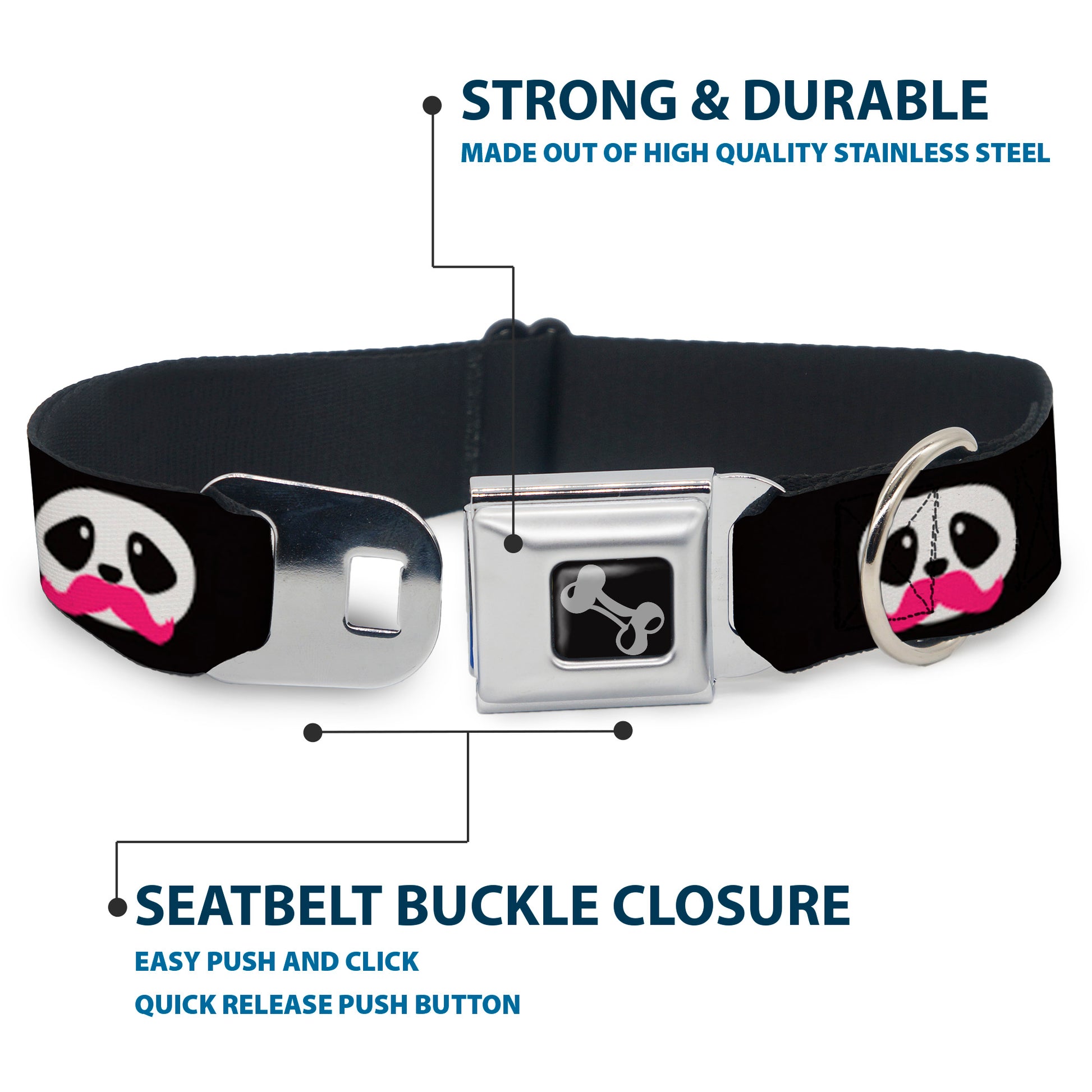Dog Bone Seatbelt Buckle Collar - Panda Face w/Pink Mustache Seatbelt Buckle Collars Buckle-Down