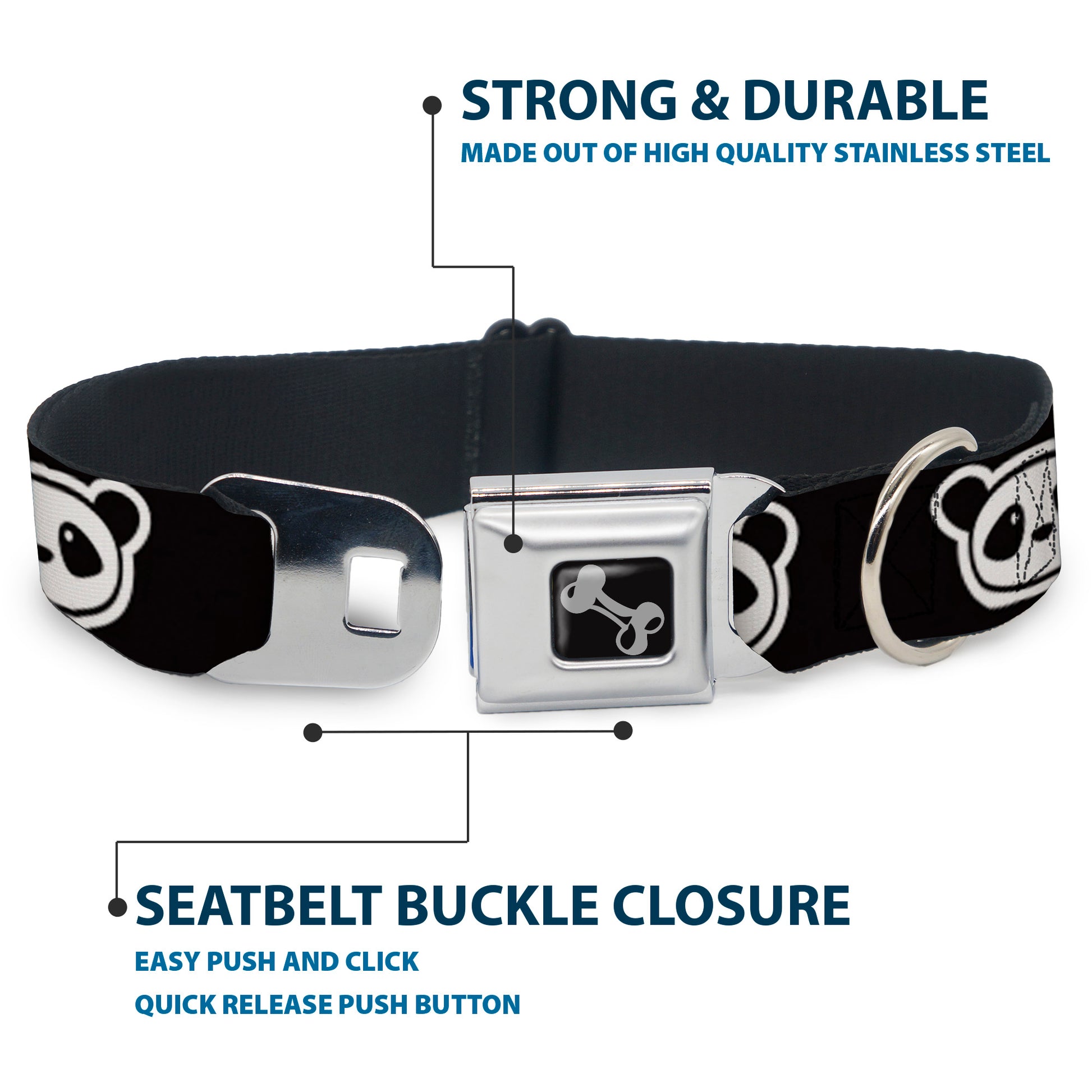 Dog Bone Seatbelt Buckle Collar - Panda Bear Cartoon2 Black/White Seatbelt Buckle Collars Buckle-Down