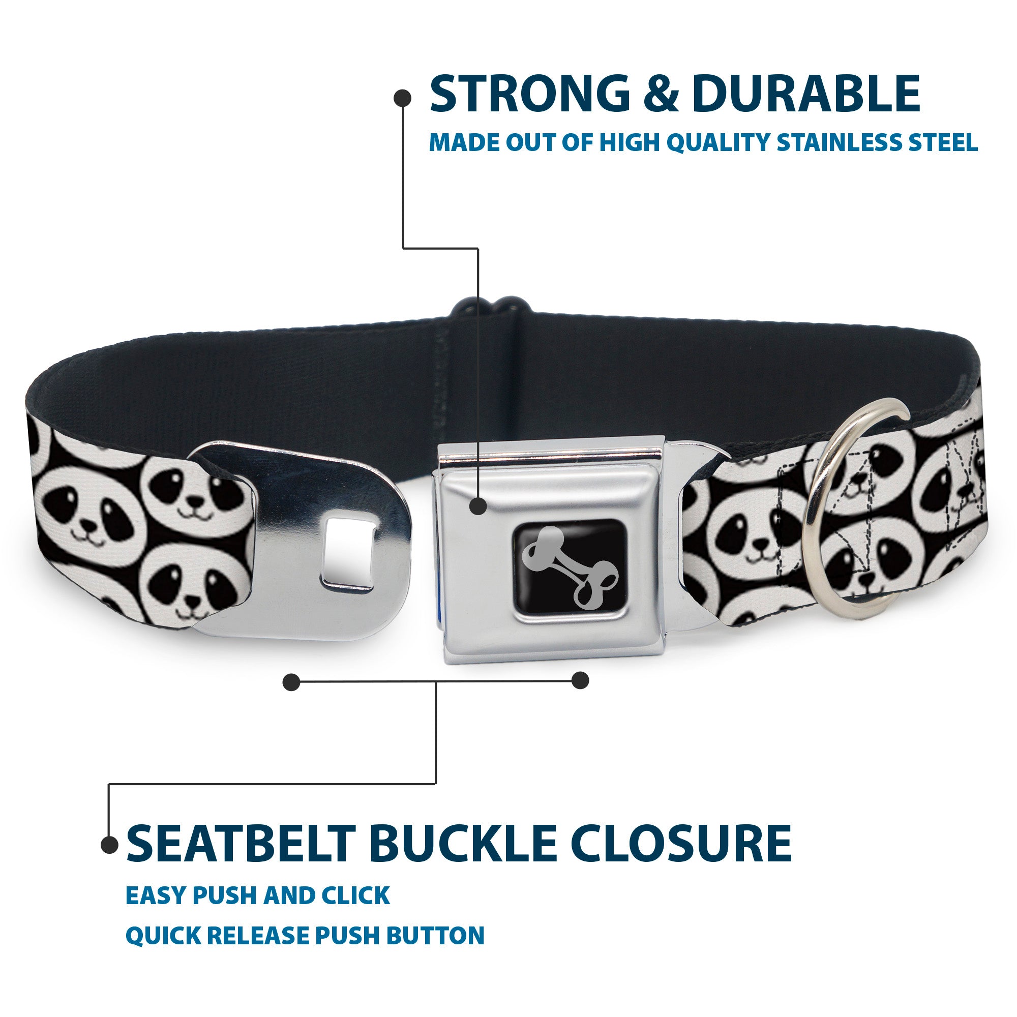 Dog Bone Seatbelt Buckle Collar - Smiling Panda Repeat Black/White Seatbelt Buckle Collars Buckle-Down
