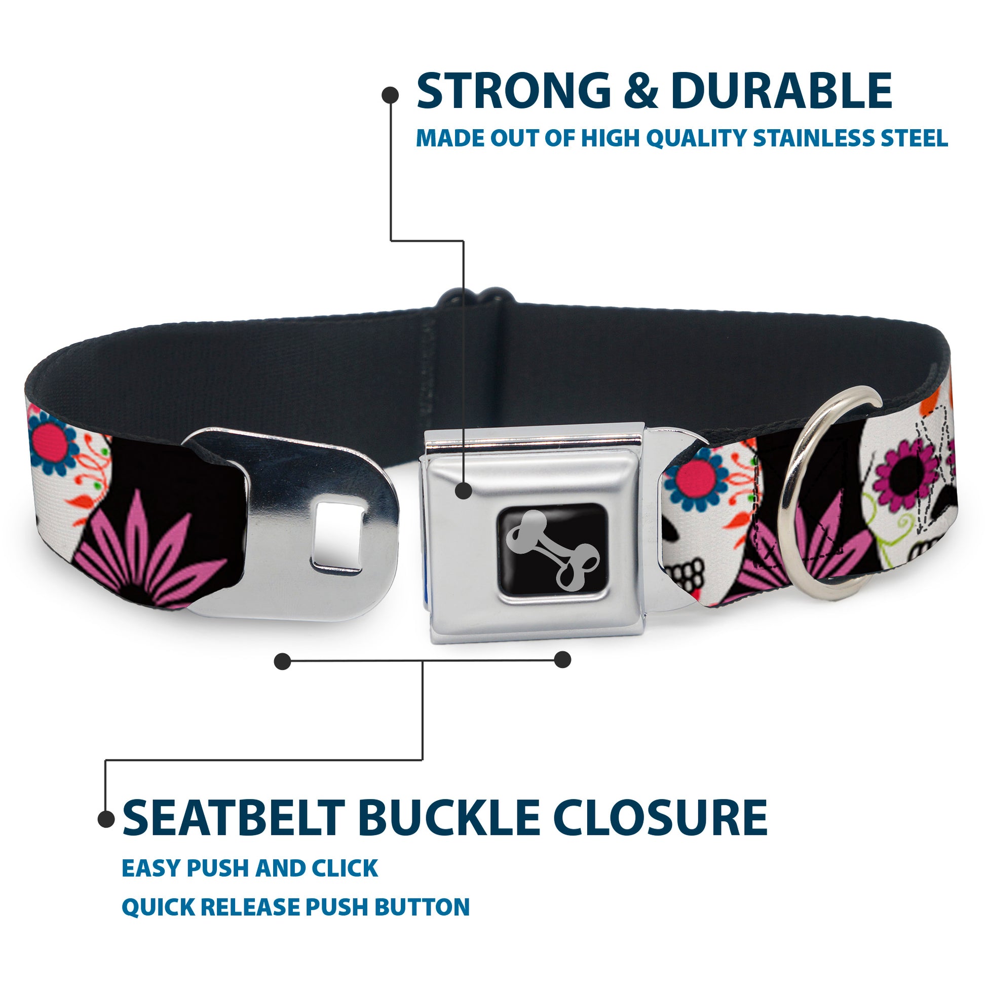 Dog Bone Seatbelt Buckle Collar - Sugar Skulls & Flowers Black/Multi Color Seatbelt Buckle Collars Buckle-Down