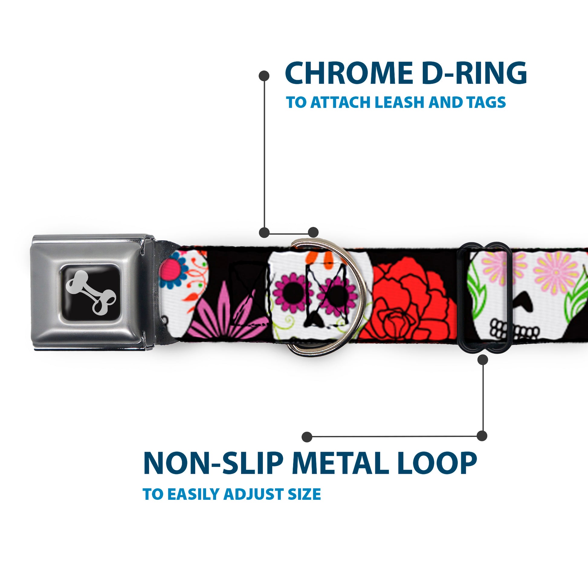 Dog Bone Seatbelt Buckle Collar - Sugar Skulls & Flowers Black/Multi Color Seatbelt Buckle Collars Buckle-Down