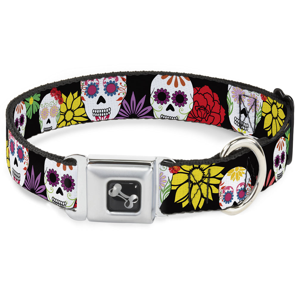 Dog Bone Seatbelt Buckle Collar - Sugar Skulls & Flowers Black/Multi Color Seatbelt Buckle Collars Buckle-Down