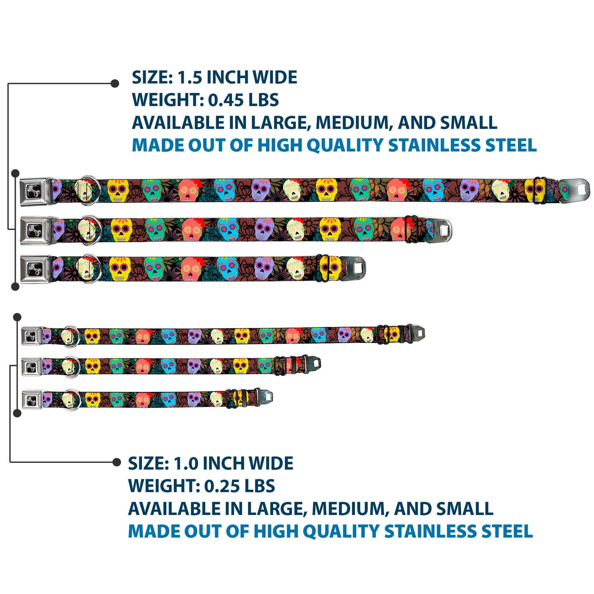 Dog Bone Black/Silver Seatbelt Buckle Collar - Painted Sugar Skulls & Flowers Collage Seatbelt Buckle Collars Buckle-Down